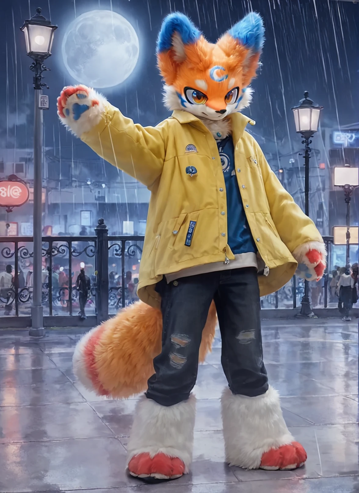 score_9,score_8_up,score_7_up,best quality,amazing quality,very aesthetic,absurdres,official art,intricate details,hyperdetailed,BRAKE,
(furry:1.05),furry fox,furry male,blue and white fur,furry paws,wind jacket,black jeans,dark rainy night,street light,moon,furry ears,half fur suit,realistic,solo,full body,<lora:HalfFurSuitPonyLora:0.85>,