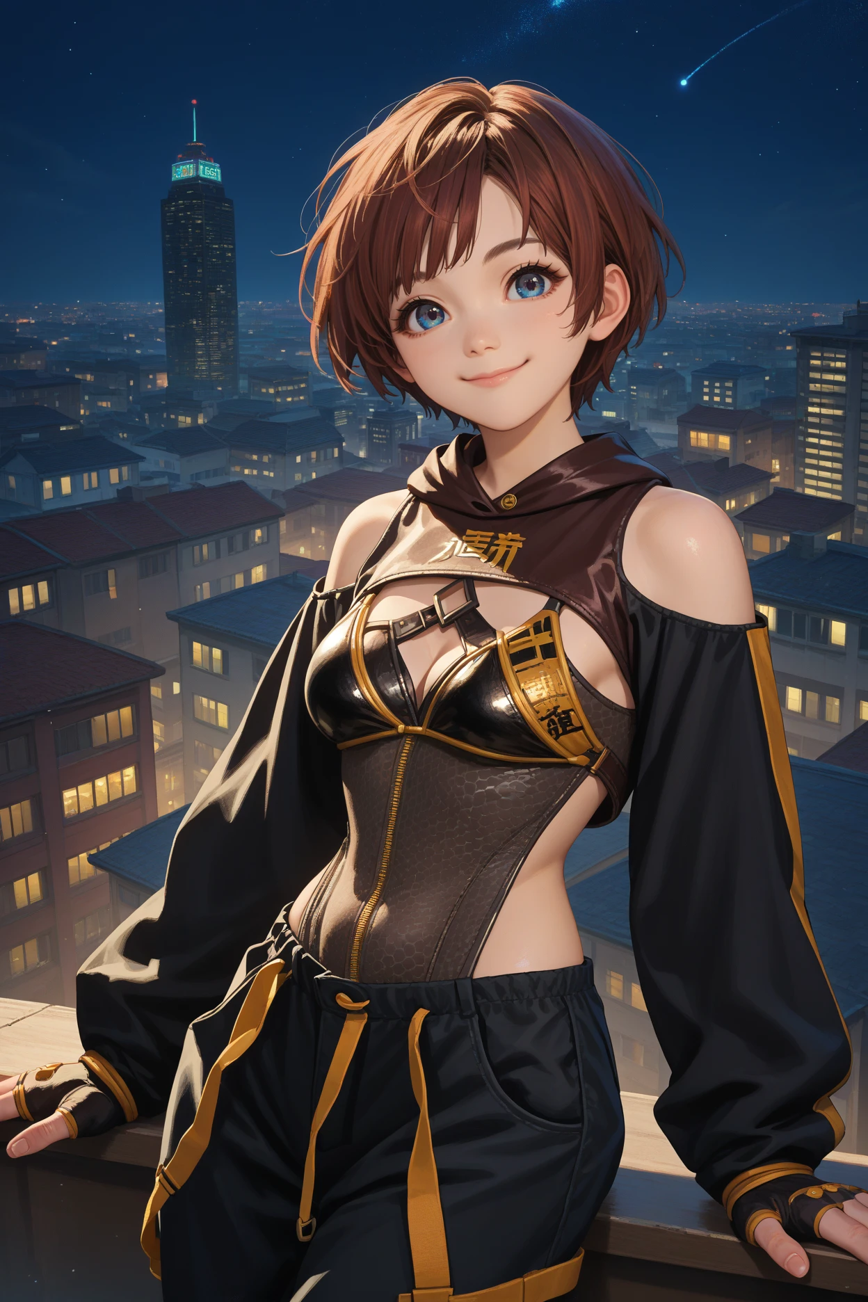 score_9, score_8_up, score_7_up, score_6_up, source_anime, 1girl, solo  <lora:sblily-pdxl-nvwls-v1-000005:1> sblily, brown hair, short hair, blue eyes, leotard, cleavage, black sleeves, clothing cutout, bare shoulders, long sleeves, black pants, fingerless gloves, smile, happy, closed mouth, looking at you, medium breasts, city, night sky, upper body