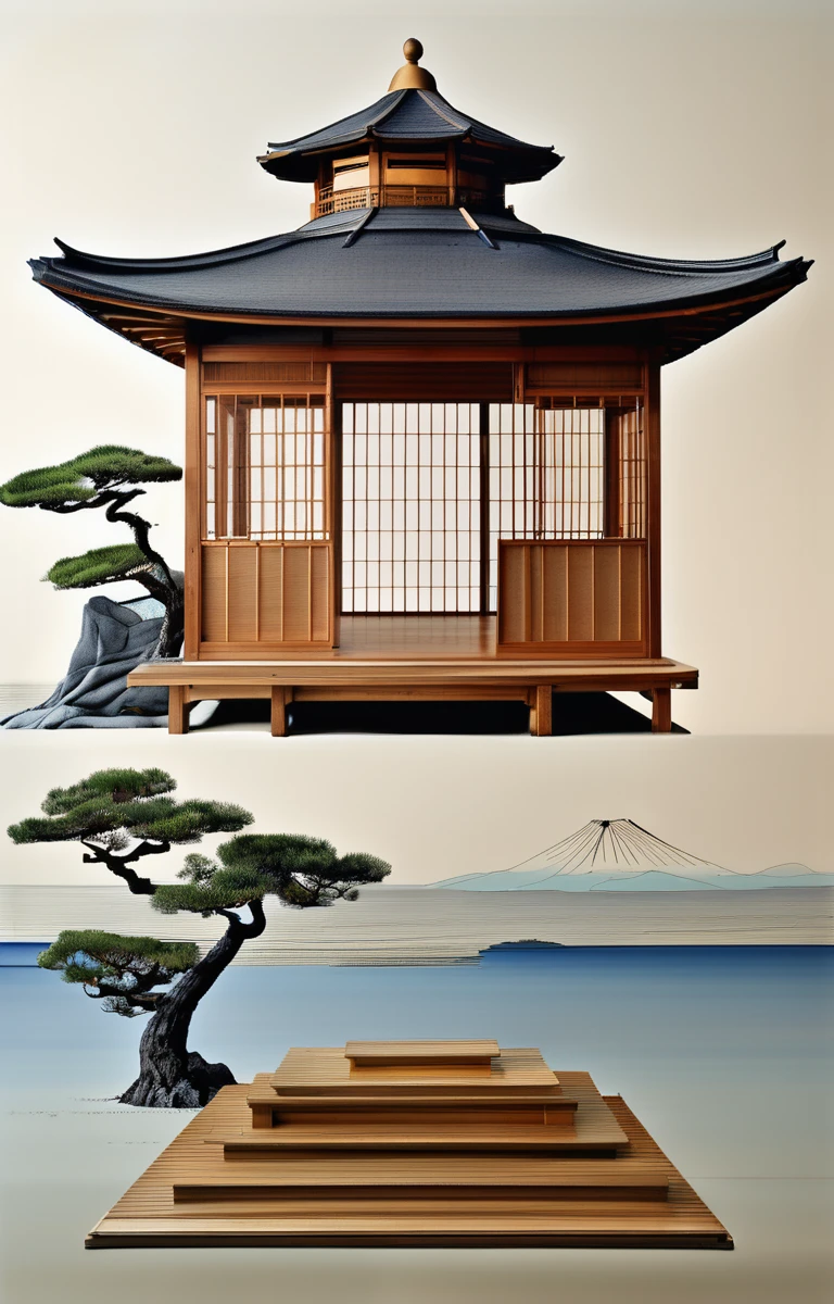 masterpiece,high quality,design by Christopher Wren,<lora:tbh392-sdxl:0.75>, Minimalist Japanese-inspired tea house by the sea, evoking the style of Tadao Ando