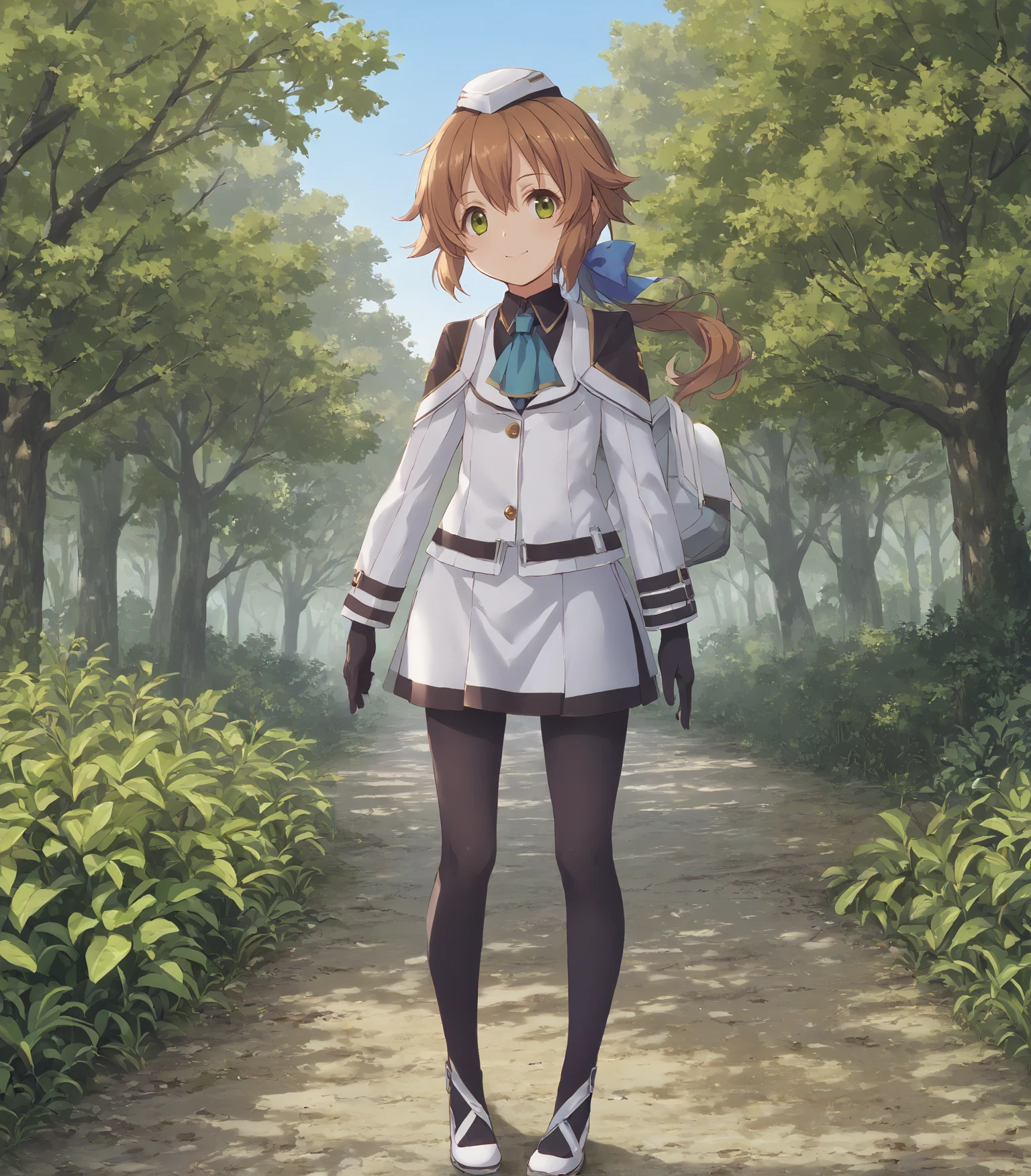 score_9, score_8_up, score_7_up, score_6_up, score_5_up, score_4_up, BREAK source_anime,
1girl, solo,  cowboy shot ,  looking at viewer, smile, outdoors, sky, trees,
<lora:pottsness_style_xl:0.7>, <lora:rhasta:0.6>, <lora:piromizu_2:0.6>, <lora:MeMaXL_V3:0.6>, 
 <lora:TowaHerschelCS3:0.9>, Towa Herschel, brown hair, ponytail, hair ribbon, green eyes, petite, small breasts, white hat, white jacket, skirt, blue neckwear, black gloves, black pantyhose, white shoes,