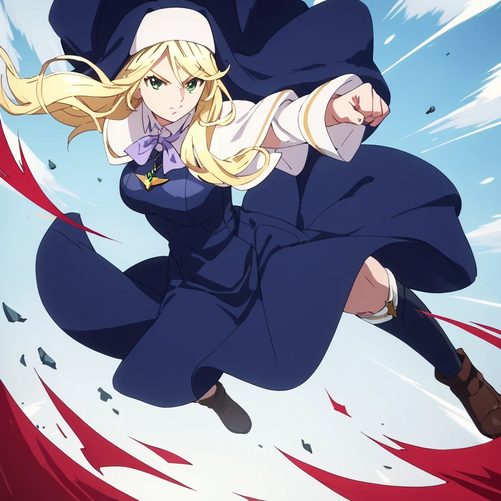 score_9, score_8_up, score_7_up, score_6_up, score_5_up, score_4_up, source_anime,  Sharon, nun, long hair, blonde hair, green eyes, , action pose