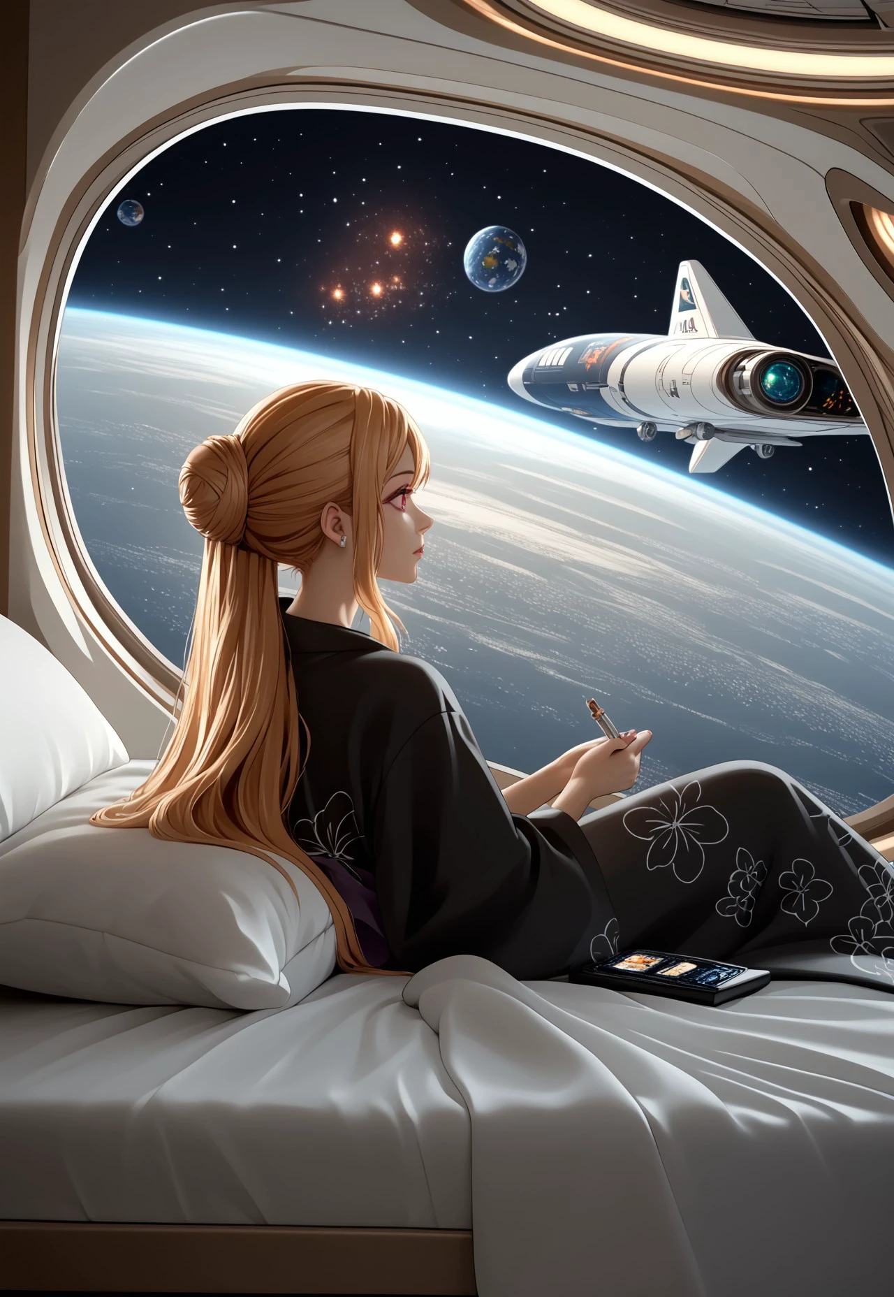 score_9, score_8_up, score_7_up, 8k uhd, masterpiece, best quality, high quality, ultra-detailed, (highly detailed), OverallDetail, Expressiveh, (())
,
((( 1girl, solo )))
,
((( Best  view )))
,
((( Spacehotelmb, space, planet, spacecraft, science fiction )))
,
((( marin kitagawa, long hair, bangs, blonde hair, red eyes, multicolored hair, japanese clothes, kimono, bag, sash, obi, floral print, yukata, black kimono, hair bun, single hair bun )))
,
((( Girl lying on the bed )))
,
((( Bed, bedroom, pillow ))) 