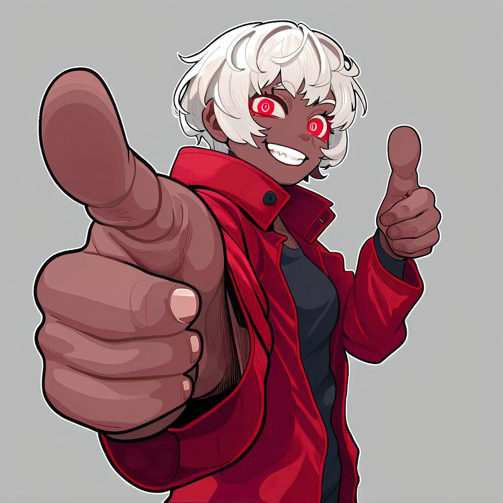 Score_7_up, score_8_up, closeup, perspective shot, 
BREAK,
 clos_pers, 1girl, hand focus, white hair, dark skin, glittering eyes, smile, red jacket, hand towards viewer, (thumbs up:1.2), simple background,