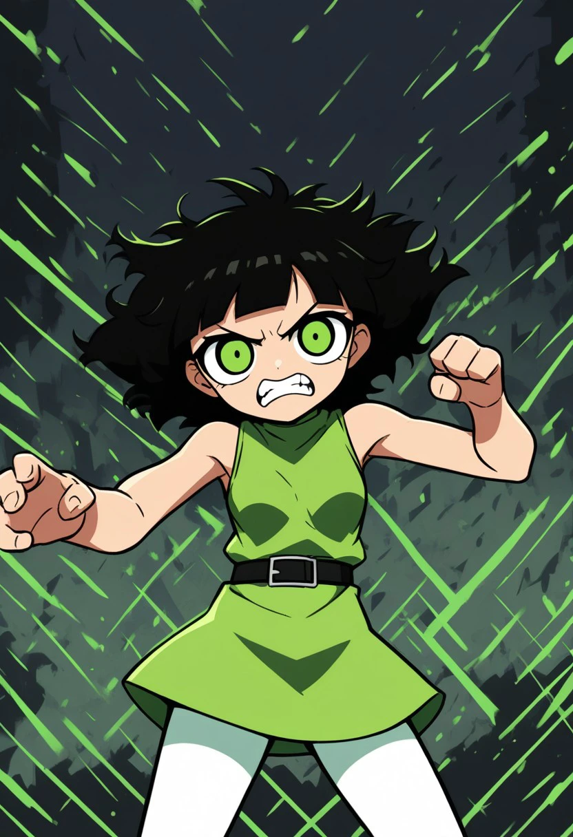 posing, 1girl, solo, medium breasts,
1girl, buttercup (/PPG)/,(ultra HD quality details), black hair, short hair, (green eyes), messy hair, dress, short dress, light green dress, sleeveless, thick black belt, white pantyhose,
teeth, clenching teeth
looking at viewer, five fingers, perfect eyes, athletic body, hourglass figure, cute face, angry look, glass field, standing.