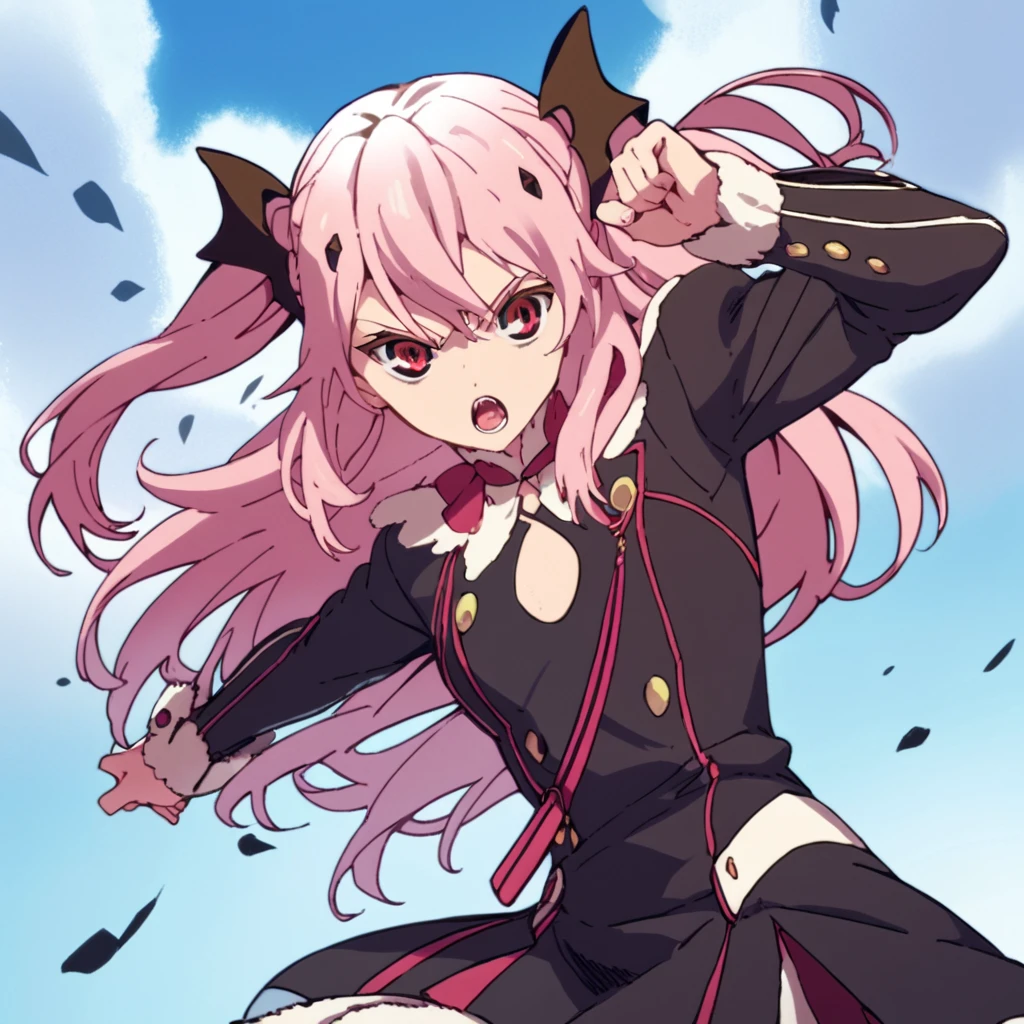 score_9, score_8_up, score_7_up, score_6_up, score_5_up, score_4_up, source_anime,  KrulTepes, long hair, red eyes, pink hair, two side up, , action pose