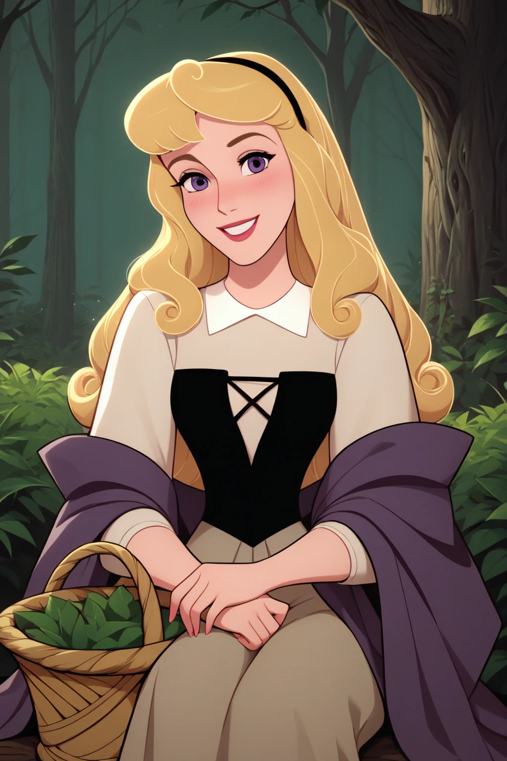 score_9, score_8_up, score_7_up, score_6_up, score_5_up, score_4_up, (bright lighting, vivid, intense, intricate, highly detailed:1.2)
BREAK
Aurora, sitting, looking at viewer, long hair, blonde hair, violet eyes, smile, blush, peasant dress, black corset, black hairband, purple shawl, basket, forest, more detail XL