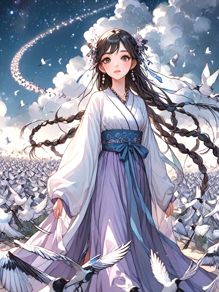 source_anime, magpie bridge, birds flock, tanabata, hanfu, weaver girl, walking, big tits, long hair, braids, hair flower, hair ornament, necklace, earrings, floating hair, fog, wind, cloud, high sky, starry sky, colorful sky, looking at viewer, <lora:girllikemagpiebridge_pony:1>