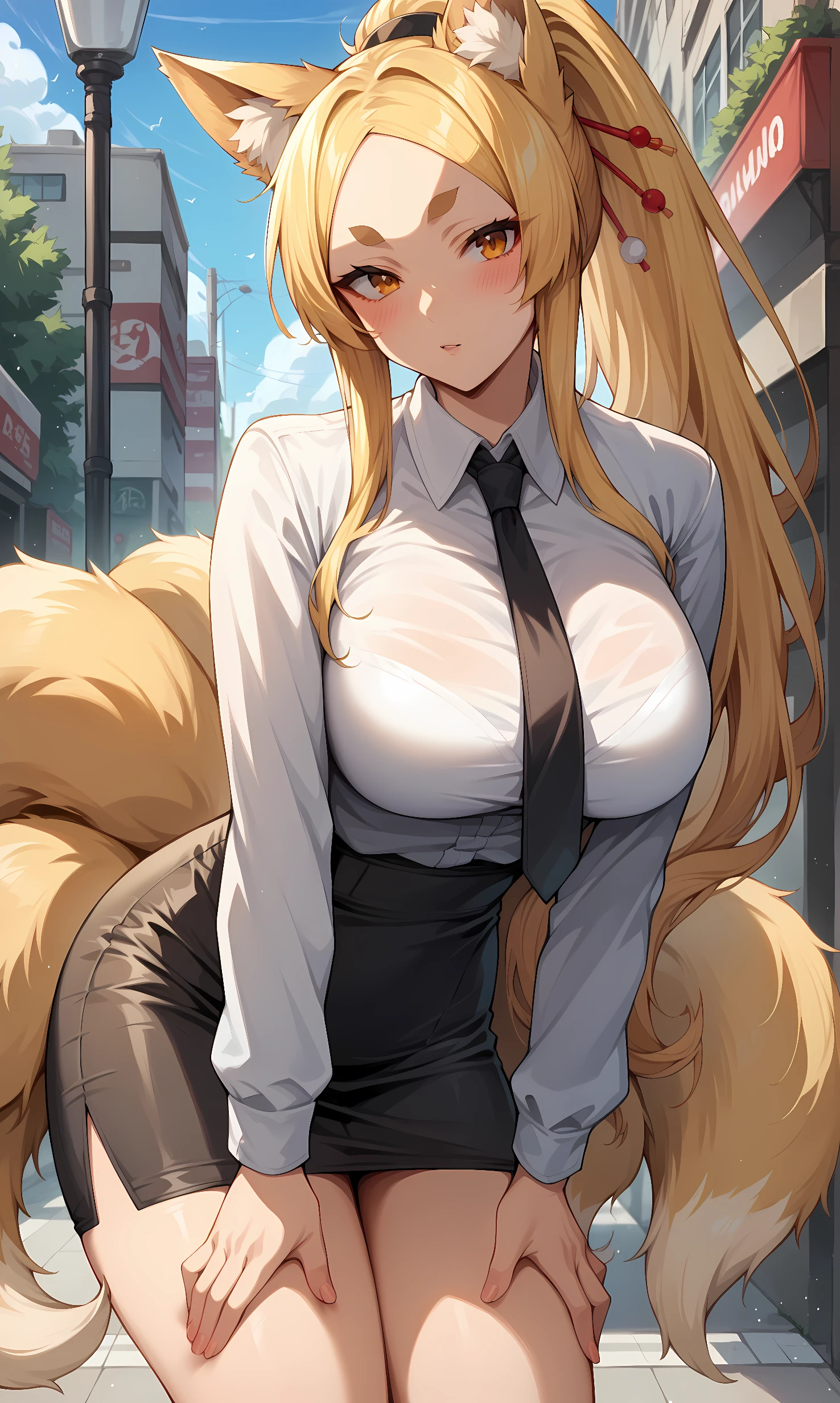 score_9, score_8_up, score_7_up, BREAK source_anime, 1girl, solo, outdoors, street, cowboy shot, looking at viewer, blush, yasaka, orange eyes, thick eyebrow, blonde hair, very long hair, parted bangs, ponytail, fox ears, fox tail, multiple tails, hair ornament, hair stick, collared shirt, long sleeves, black necktie, pencil skirt 