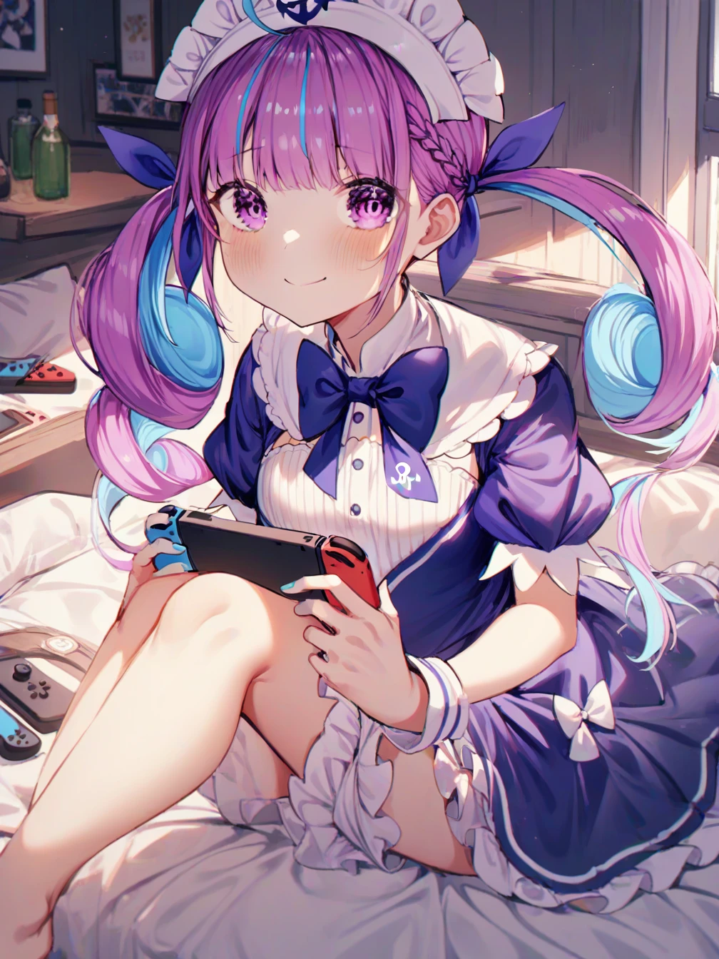 1girl,minato aqua,minato aqua (1st costume),virtual youtuber,colored inner hair,long hair,solo,two-tone hair,multicolored hair,maid headdress,blue hair,purple eyes,twintails,purple hair,smile,dress,ribbon,hair ribbon,looking at viewer,blush,holding,wrist cuffs,short sleeves,closed mouth,nintendo switch,indoors,frills,sitting,ahoge,braid,bow,window,bottle,frilled dress,blue dress,anchor symbol,barefoot,sidelocks,on bed,puffy sleeves,blue ribbon,maid,puffy short sleeves,drill hair,streaked hair,
<lora:Noyu_2:1>,