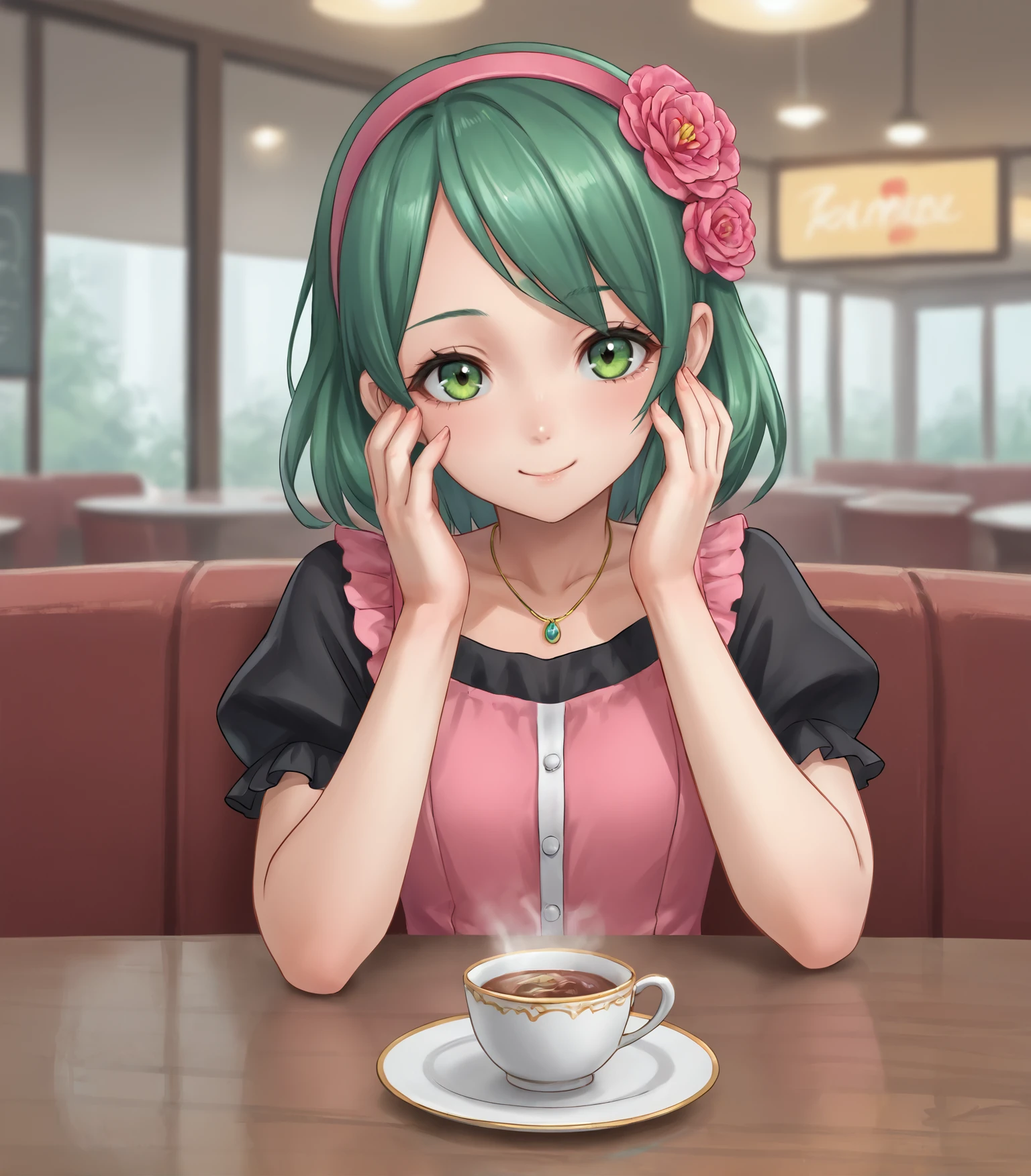 score_9, score_8_up, score_7_up, score_6_up, score_5_up, score_4_up, BREAK source_anime,
1girl, solo, <lora:Flotte:0.9>, Flotte, green eyes, green hair, pink headband, hair flower, pink dress, short sleeves, black sleeves, black shoes, white pantyhose, frills, jewelry, necklace,,
upper body, portrait, hands out of frame, front view,
looking at viewer, smile, indoors, inside restaurant, table, teacup, steam,
<lora:Racoonkun_Artist_Style:0.6>, racoonsan,,