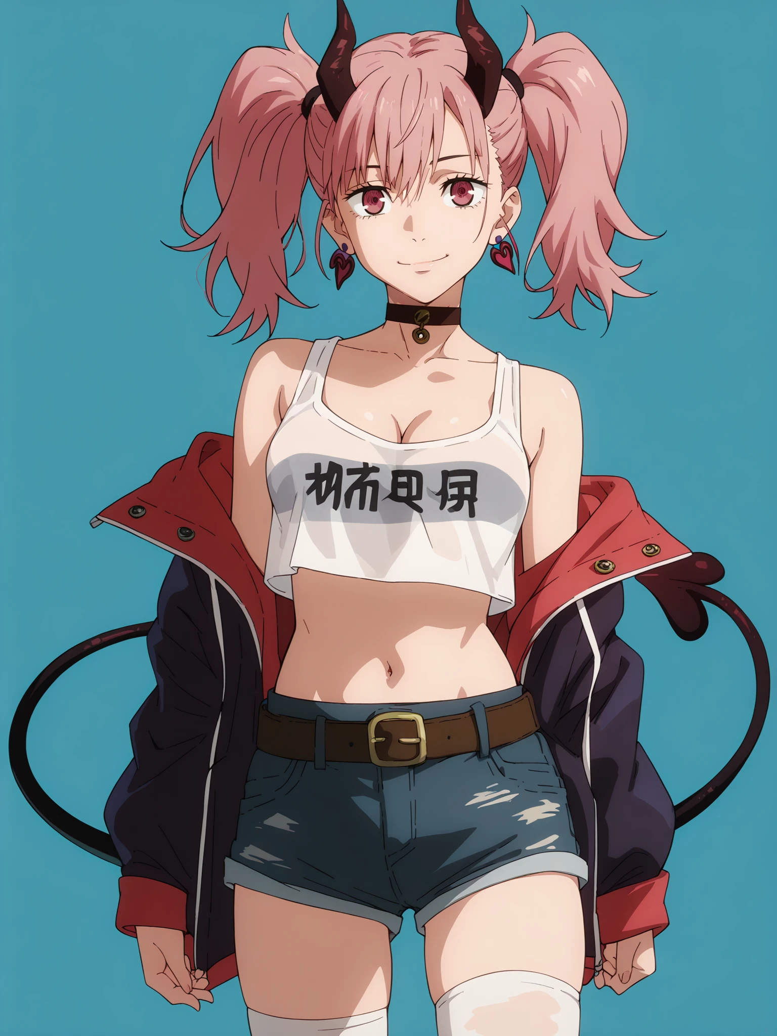 score_9, score_8_up, score_7_up, score_6_up, score_5_up,
1girl, solo, breasts, tail, pink_hair, horns, demon_tail, shorts, jacket, twintails, large_breasts, smile, looking_at_viewer, long_hair, navel, choker, black_background, pink_eyes, short_shorts, belt, demon_girl,  pink_jacket, demon_horns, simple_background, tank_top, open_jacket, cleavage, black_shorts, open_clothes, thighhighs, off_shoulder, bare_shoulders, closed_mouth, head_tilt, hair_between_eyes, cowboy_shot, jewelry, micro_shorts, collarbone, black_choker, white_thighhighs, crop_top, bangs, earrings, clothes_writing, shirt, midriff, standing, see-through, contrapposto, long_sleeves
 <lora:Jujutsu_Kaisen:1>