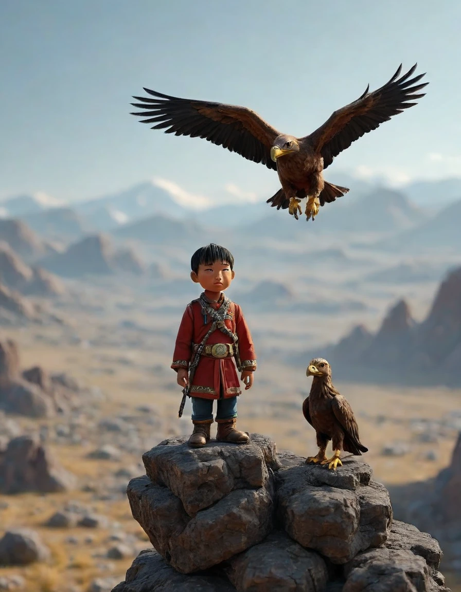 A Mongolian eagle hunter standing on a rocky outcrop, his golden eagle perched majestically on his arm