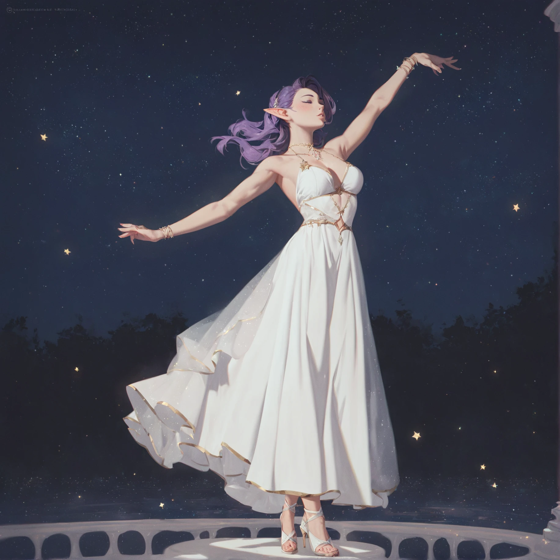 1girl, elf, distant shot, white dress, dancing, night, star \(sky\), starlight, <lora:Ted_Nasmith_Style-Pony_XL:0.75>, BREAK score_9, score_8_up, score_7_up, best quality, masterpiece, 4k, prefect lighting, very aesthetic, anime, zPDXL2