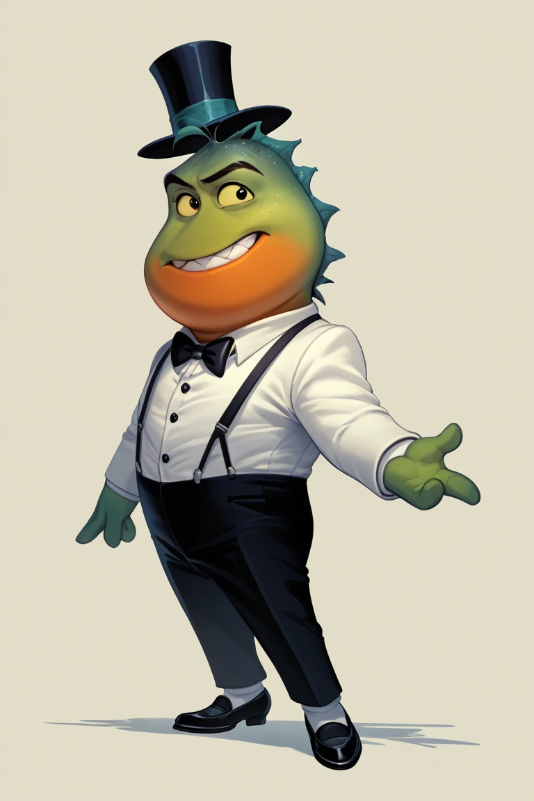 score_9, score_8_up, score_7_up, MrPiranha, anthro, biped, formal wear, tuxedo, bow tie, top hat, monocle, suspenders, formal shoes, solo, concept art, dreamworks, elegant atmosphere, luxurious background