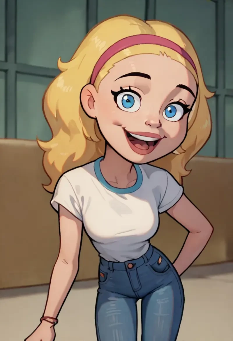 score_9, score_8_up, score_7_up,RoseAD, blonde hair, blue eyes,hairband,white shirt,jeans,looking at viewer,happy