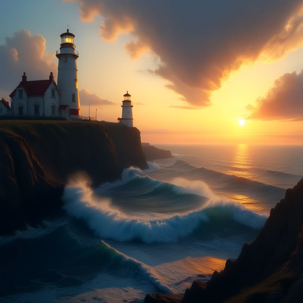 flux-scenery, painting of a lighthouse on a cliff, overlooking a sea, waves, sunset <lora:Flux-XL_Scenery:1>