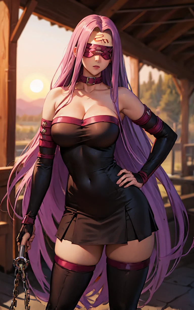 (masterpiece, best quality:1.4), insaneres, absurdres, solo, looking at viewer,BREAK 
MainOutfit_Medusa_ownwaifu, 
1girl, absurdly long hair, purple hair, sidelocks, very long hair, blindfold, facial mark, forehead mark, collar, large breasts, collarbone, long hair, purple eyes, 
strapless dress, bare shoulders, cleavage, detached sleeves, chain, black dress, zettai ryouiki, black thighhighs, short dress, covered navel, elbow gloves, black sleeves, thighs, tube dress, shiny clothes,
(contrapposto, hand on hip), sunset, sidelighting, outdoors, <lora:ANIME_FateStayNight_MedusaRider_ownwaifu:1> , depth of field