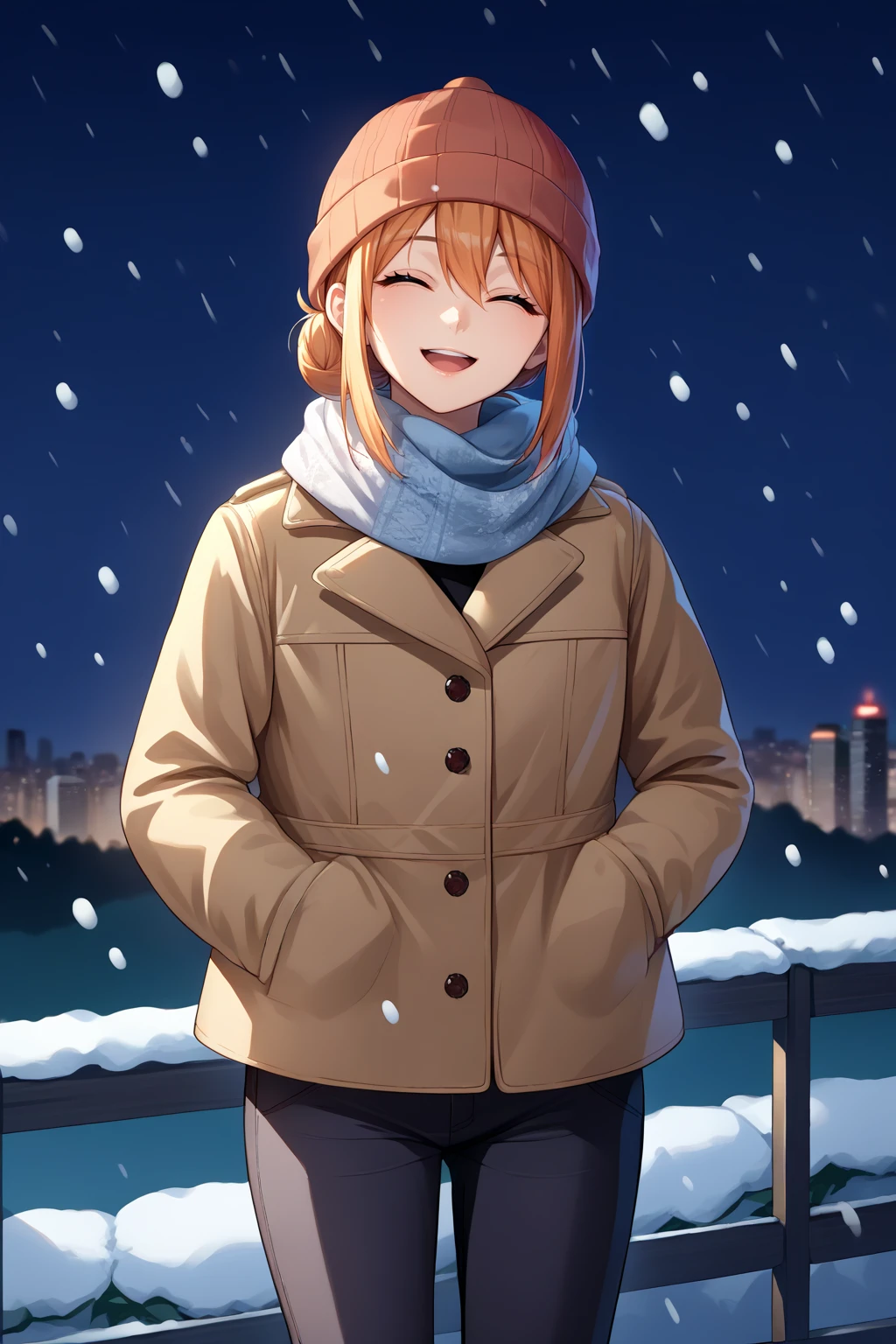 score_9, score_7_up, source_anime, cowboy shot, looking at viewer, closed eyes, smile, open mouth, yghmm, single hair bun, beanie, scarf, padded coat, pants, hands in pocket, outdoors, night, snowing, skyline, <lora:Hoseki_Oregairu_MrsYuigahama_PDXL_v2:1>