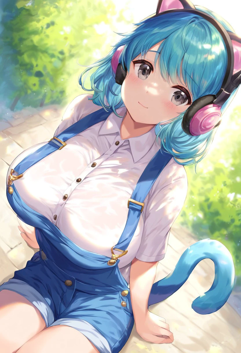 Urakagi_Saji, solo, 1girl, female, young, blue hair, grey eyes, cat ears, cat tail, huge breast, detailed eyes, perfect eyes, cute face, perfect anatomy, detailed skin,  perfect hands, perfect face, embarrased, BREAK headphones, white shirt, blue overalls, BREAK  posing cute, outdoors, park, colorful, looking away, dutch angle, BREAK ((ultra-detailed)), ((best quality)), ((best quality)), ((beautiful eyes)), ((extremely detailed)), 4K, (8K), best quality, (beautiful), Master piece, highres, score_9, score_8_up, score_7_up, score_6_up, score_5_up, score_4_up, colorful, best quality, official art, highres, masterpiece, nai3, god light, detailed background, high quality background,