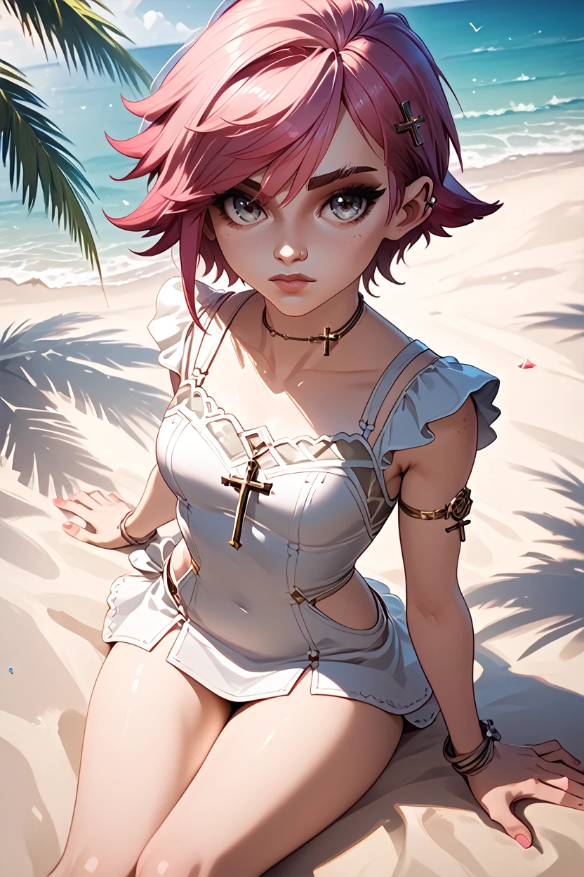 score_9, score_8_up, score_7_up, score_6_up
<lora:ALVi:1.0>
ALVi, 1girl, pink hair, short hair, looking at viewer, on the sandy beach, minidress, palm trees in the background, sitting cross-legged