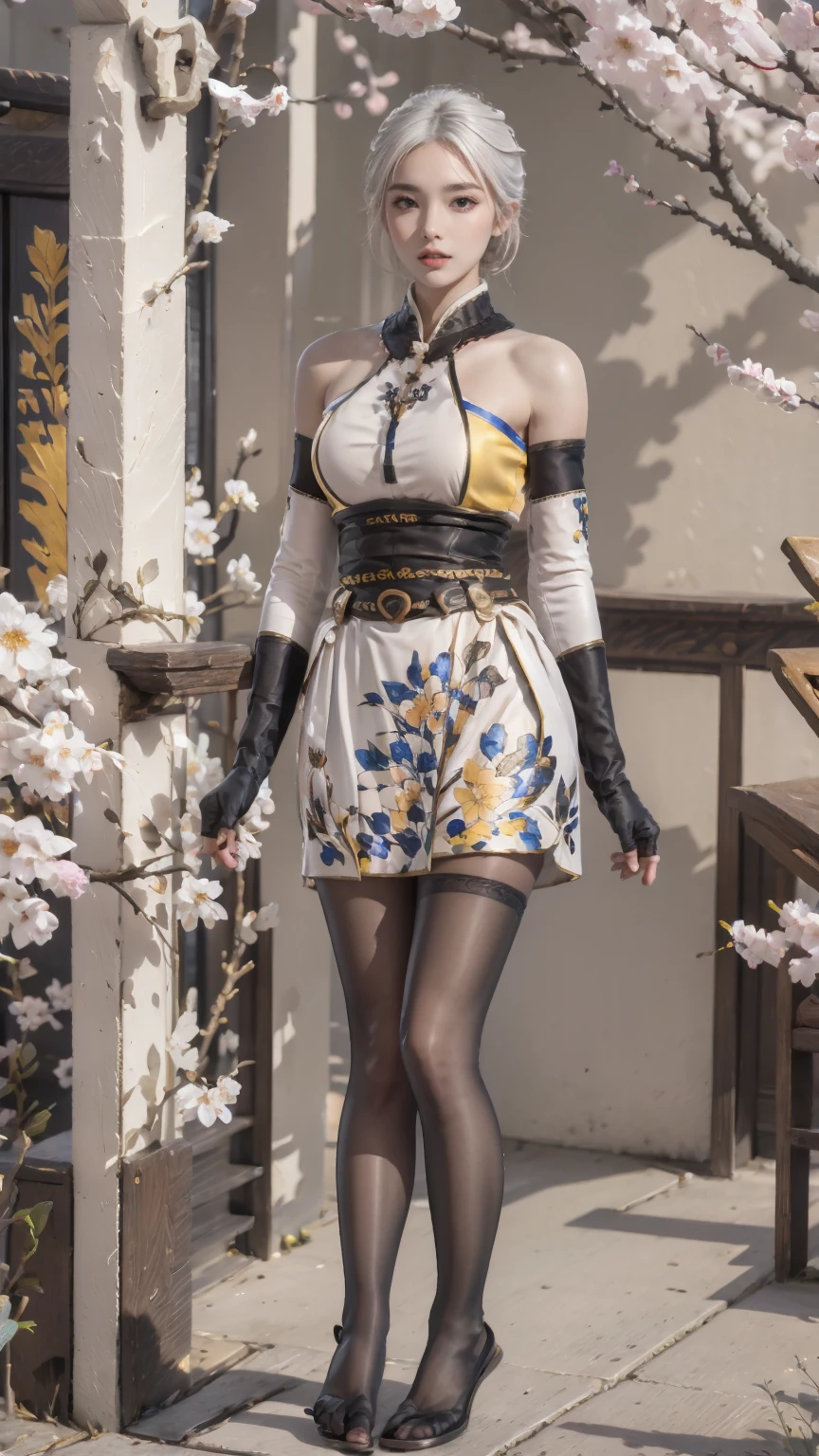 masterpiece,(bestquality),ultra-detailed,1girl,solo,hip up,upper body,<lora:ntmix1:0.7>,<lora:silky leisure outfit:0.8>,silky leisure outfit,black stockings,gloves,cherry blossoms,(white hair color:0.9),