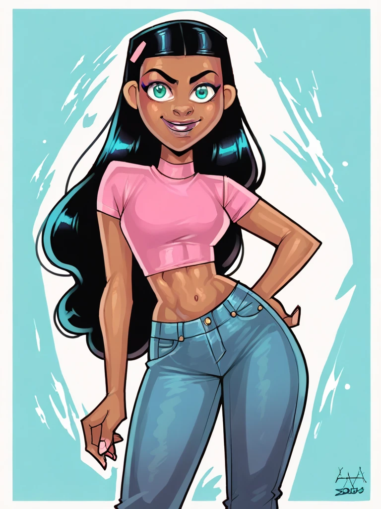 score_9, score_8_up, score_7_up, score_6_up, score_5_up,
Paulina, black hair, aqua eyes, dark skin, pink crop top, jeans,
1girl, solo, 
aaaninja <lora:PaulinaDPXL:0.9> <lora:AAANinja:1>