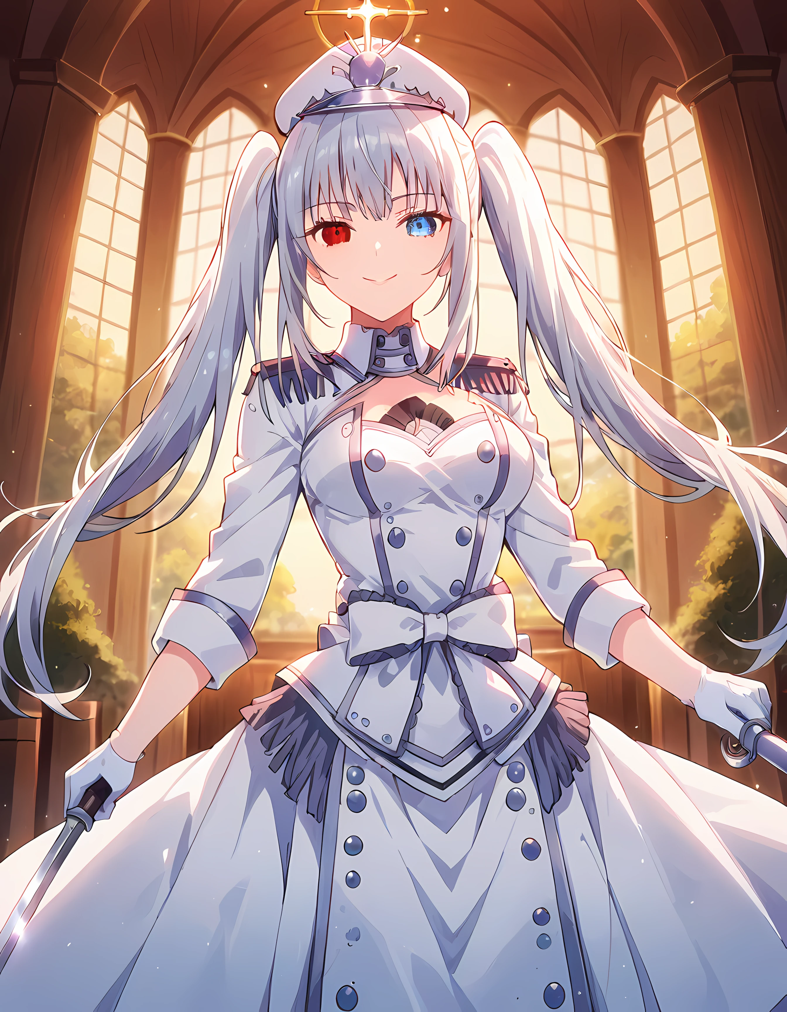 Source_anime,
whitequeen, <lora:White_Queen_Lora-05:1>,
1girl, solo, long hair, looking at viewer, smile, blue eyes, skirt, church, it's a sunset, wooden church, red eyes, gloves, long sleeves, hat, dress, holding, cleavage, twintails, medium breasts, very long hair, jacket, weapon, white hair, grey hair, sword, white gloves, holding weapon, white dress, uniform, military, dutch angle, military uniform, buttons, floating hair, heterochromia, white headwear, holding sword, white jacket, white skirt, epaulettes, military hat, blurry foreground, double-breasted,