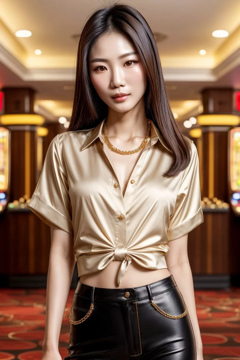 Asian woman, closeup, (shirt), pants, (casino), gold necklace , KM_sakura , wide shoulders, perfect face, (contact iris: 1.1), pale skin, skin pores , depth of field