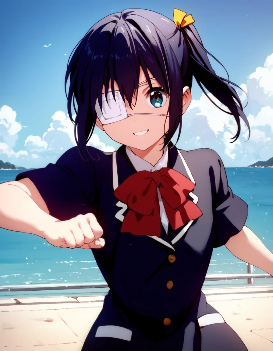 score_9, score_8_up, score_7_up, score_6_up, score_5_up, score_4_up, source_anime,  Rikka, blue eyes, black hair, medical eyepatch, , soft smile, school uniform, action pose