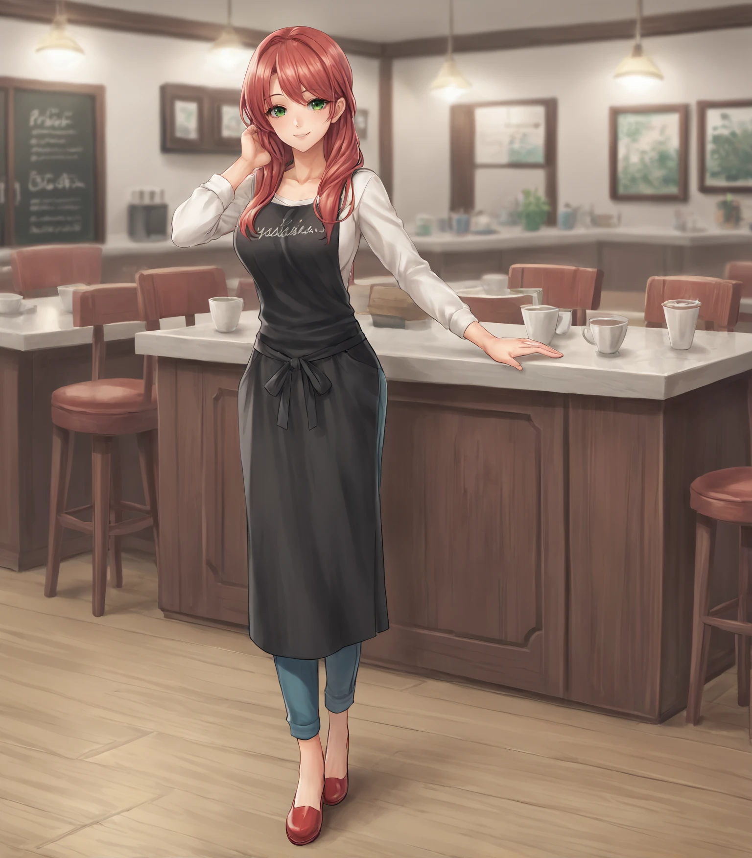 score_9, score_8_up, score_7_up, score_6_up, score_5_up, score_4_up, BREAK source_anime,
1girl, solo,  <lora:Paulette:0.9>, Paulette, red hair, long hair, green eyes, large breasts, white shirt, blue pants, black apron, red shoes,,   
looking at viewer, gentle smile, indoors, inside restaurant, 
full body shot 
<lora:Racoonkun_Artist_Style:0.6>, racoonsan,