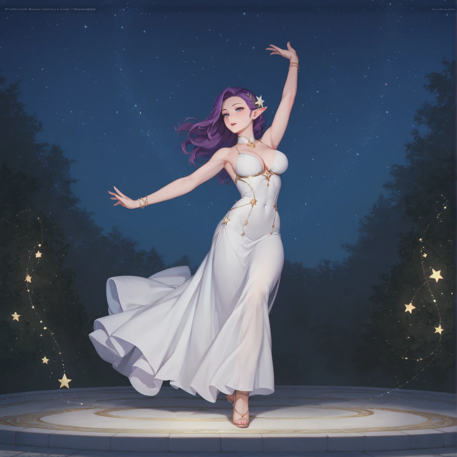 1girl, elf, distant shot, white dress, dancing, night, star \(sky\), starlight, <lora:Ted_Nasmith_Style-Pony_XL:0.75>, BREAK score_9, score_8_up, score_7_up, best quality, masterpiece, 4k, prefect lighting, very aesthetic, anime, zPDXL2