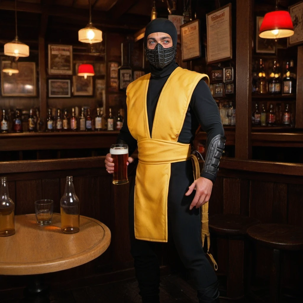 a ninja 1boy with a mask , having a beer in a pub  <lora:Scorpion1995-1024:0.8>