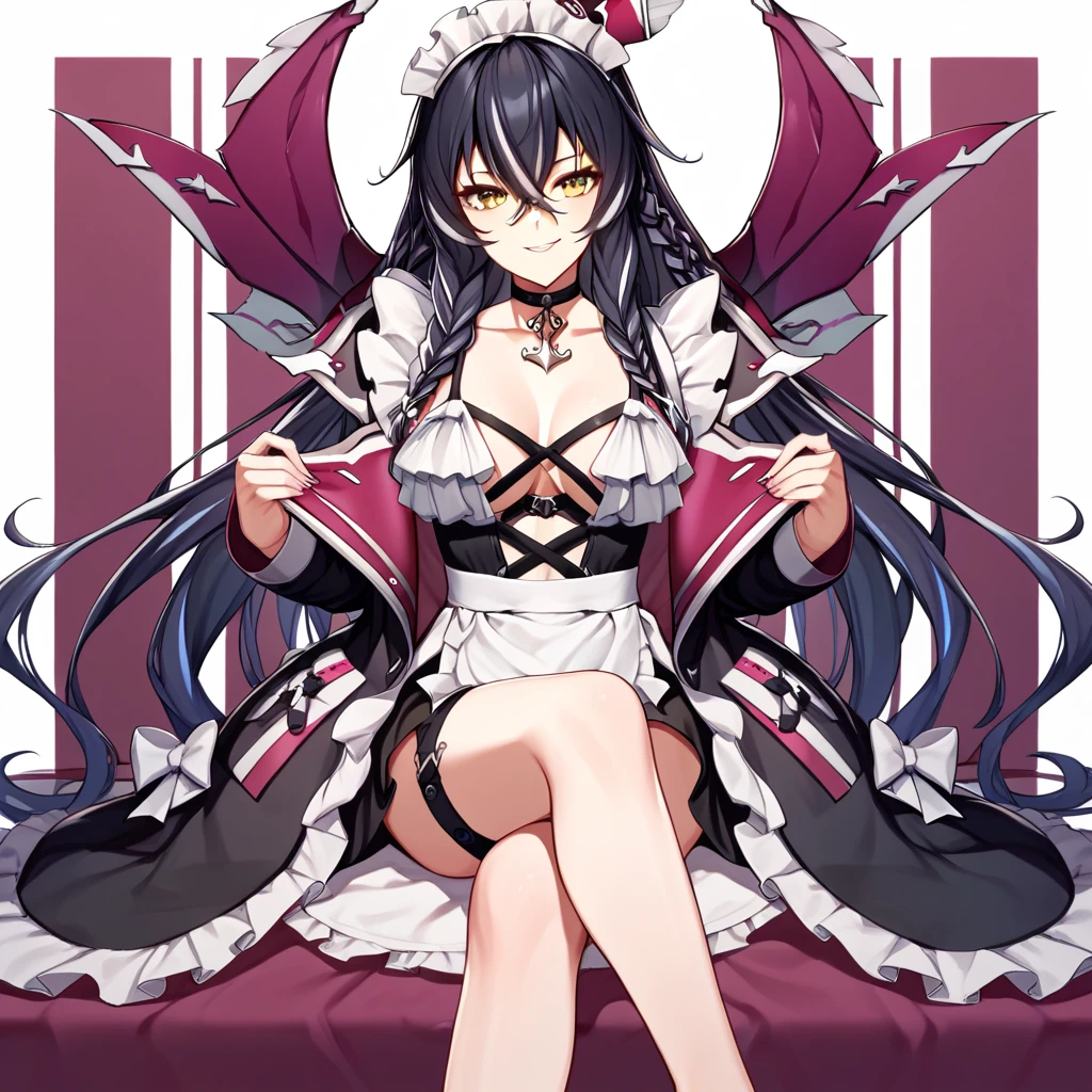 1girl, solo, dracasia, 1girl, seductive smile, solo, black hair, braid, maid outfit, multicolored hair, hair between eyes, long hair, streaked hair, yellow eyes, looking at viewer, choker, sitting, <lora:Pony-XL-Dracasia:1>, score_9, score_8_up, score_7_up, score_6_up, source_anime,