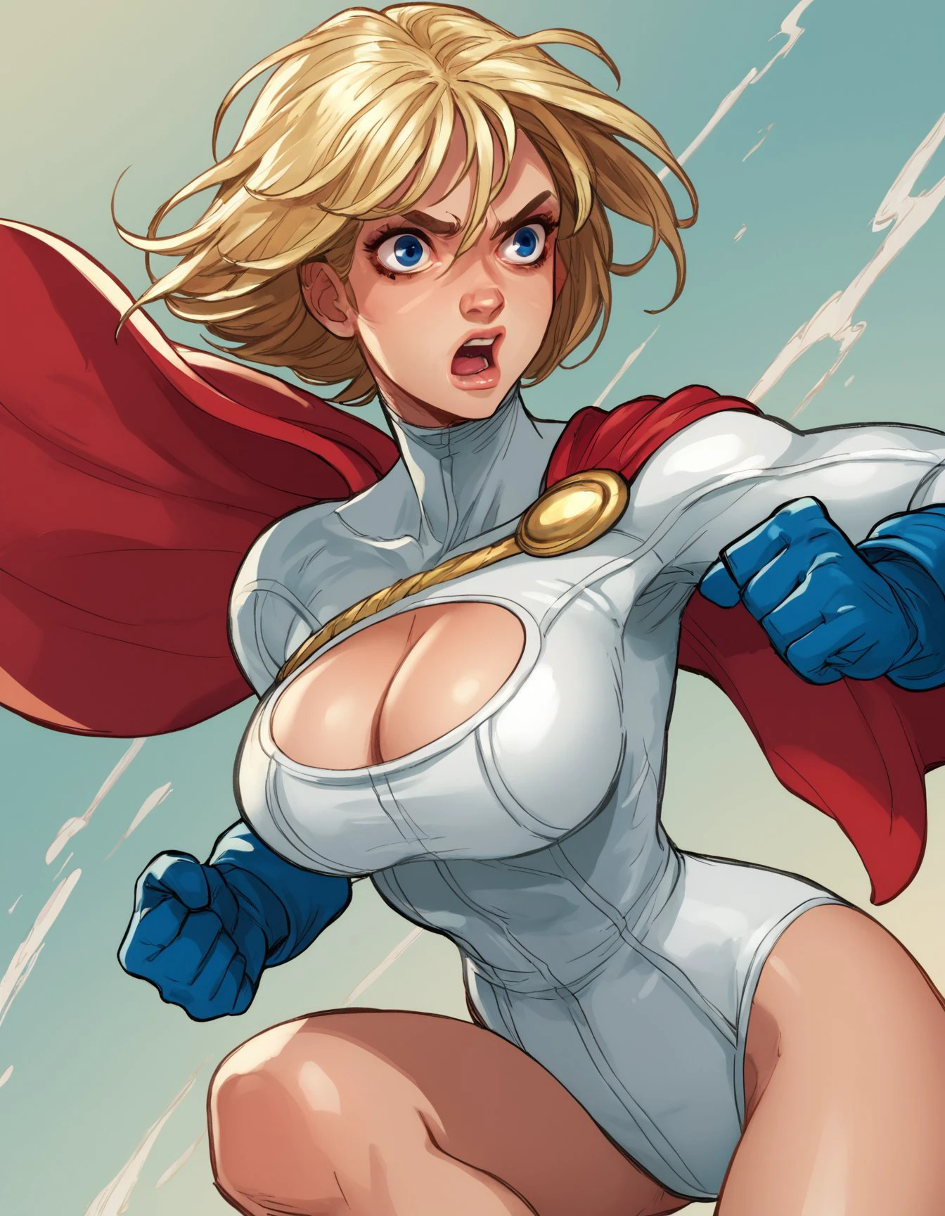 score_9, score_8_up, score_7_up, score_6_up, abarbucci-dh, dutch angle BREAK, 1girl, solo, punching pose, powergirlxl, blue eyes,blonde hair,white leotard,large breasts,shoulder cape,cleavage cutout <lora:Artist_Style_-_Alessandro_Barbucci_Ekho_Sky_Doll_PDXL:1> <lora:add-detail-xl:0.5> <lora:powergirlIJ2:0.5>