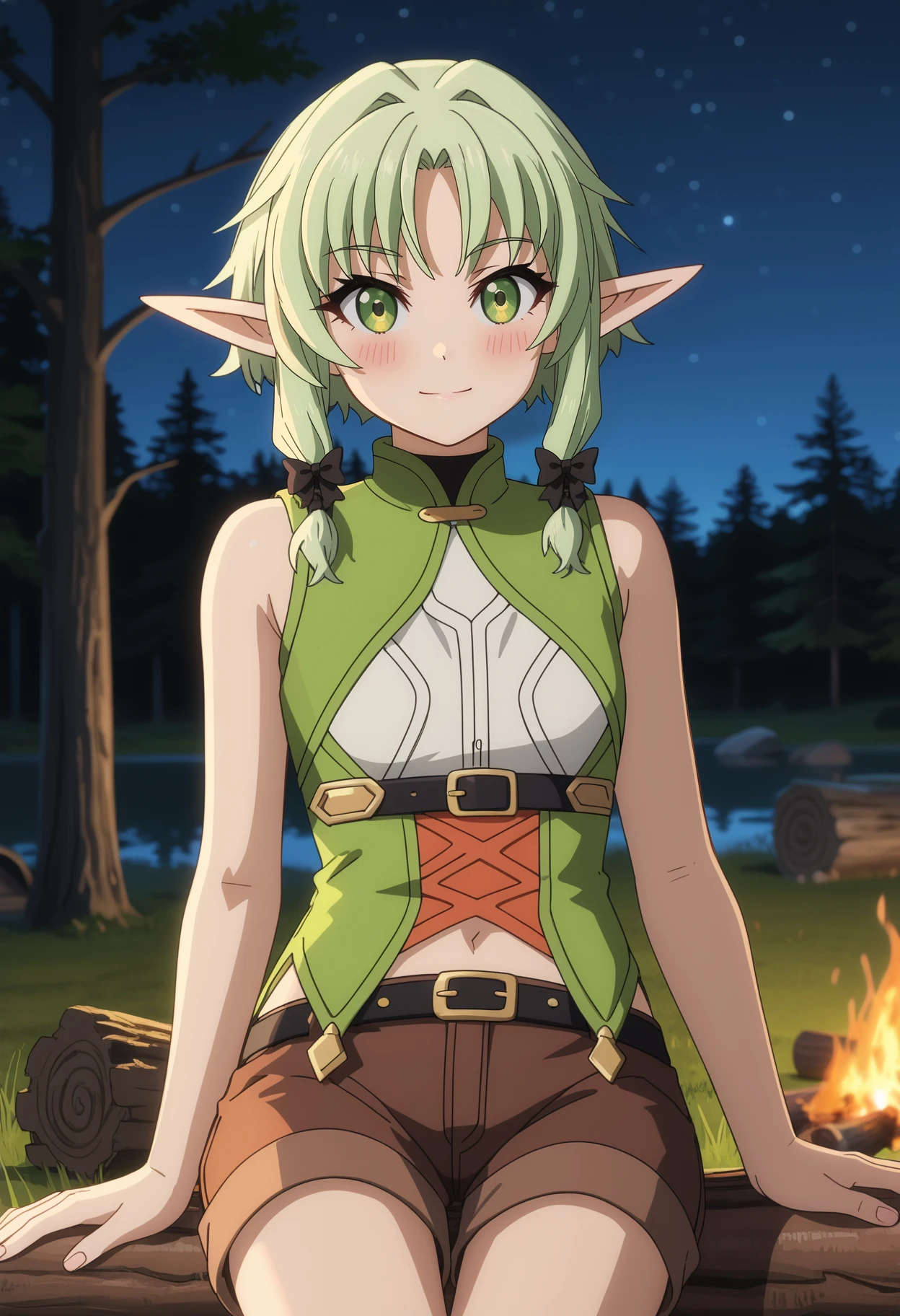 score_7_up, anime screencap,
<lora:GoblinSlayer_HighElfArcherXL:0.9>, HighElfGS,
1girl, solo, closed mouth, light smile, blush,
short hair, green hair, green eyes, pointy ears, hair bow, black bow,
multicolored dress, sleeveless dress, cross-laced dress, black belt, underbust, brown shorts,
sitting, looking at viewer, (cowboy shot:1.2),
blurry background, camping, night, log, campfire, fire,  forest, lake, fog