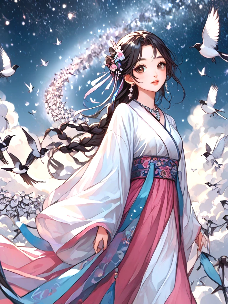 source_anime, magpie bridge, birds flock, tanabata, hanfu, weaver girl, walking, big tits, long hair, braids, hair flower, hair ornament, necklace, earrings, floating hair, fog, wind, cloud, high sky, starry sky, colorful sky, looking at viewer, <lora:girllikemagpiebridge_pony:1>