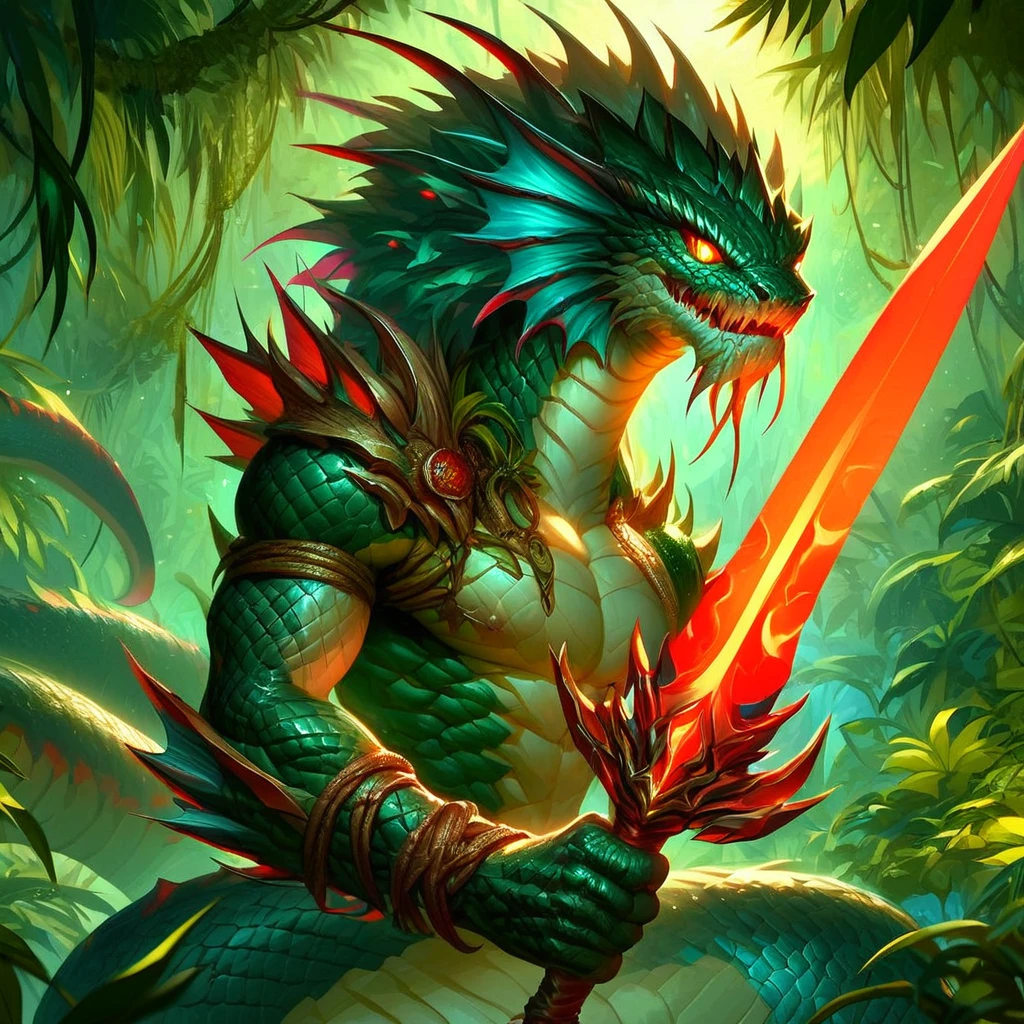 score_9, score_8_up, score_7_up, naga, holding a glowing red sword, jungle background,