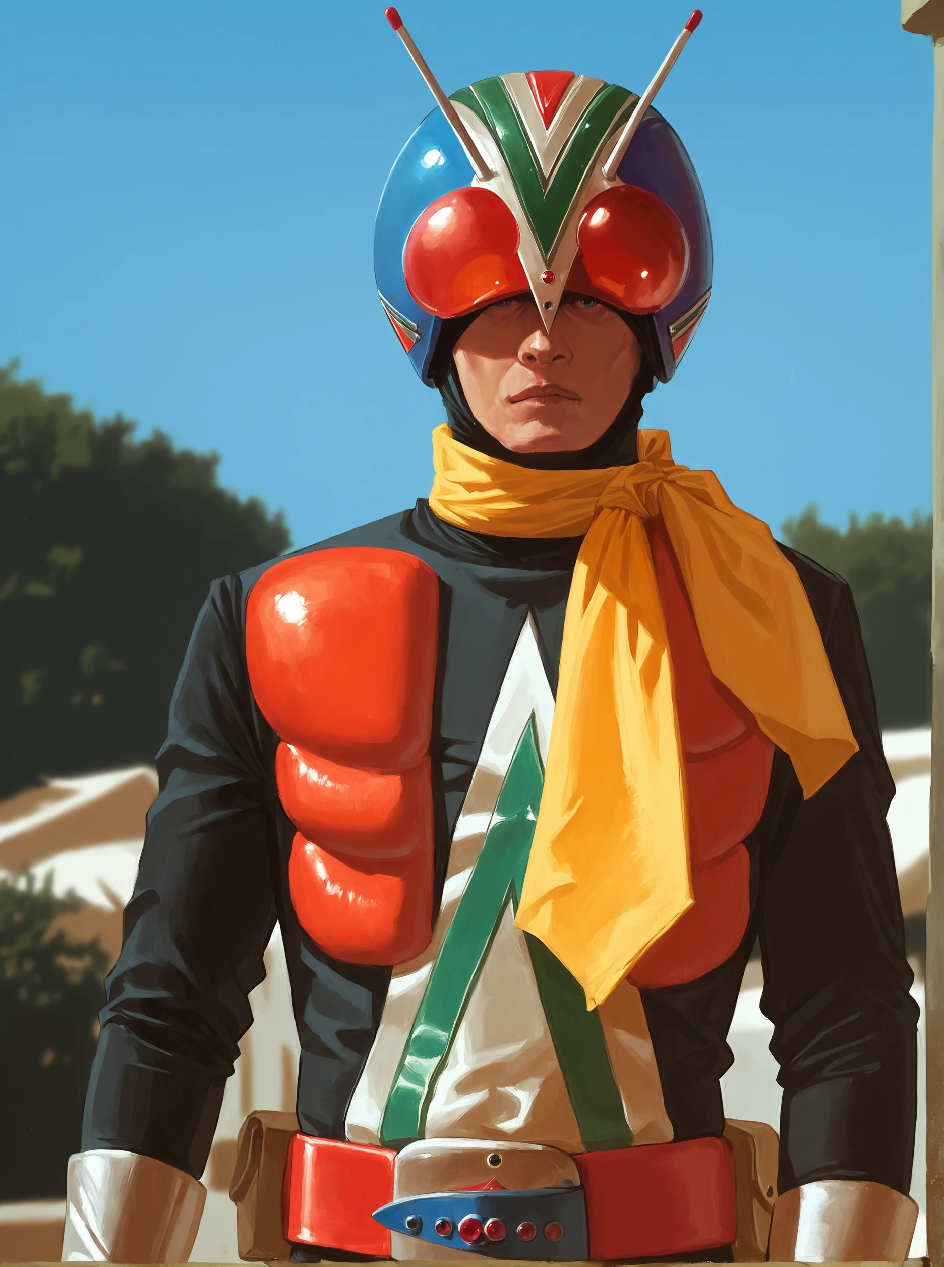 score_9, score_8_up, score_7_up, masterpiece, source_realistic,kamen rider, riderman, antennae, solo, 1boy, male focus, belt, scarf, helmet,  outdoor, <lora:sn0wStyle:1> <lora:HKHorrorXL:1>, <lora:Riderman_1973:1>