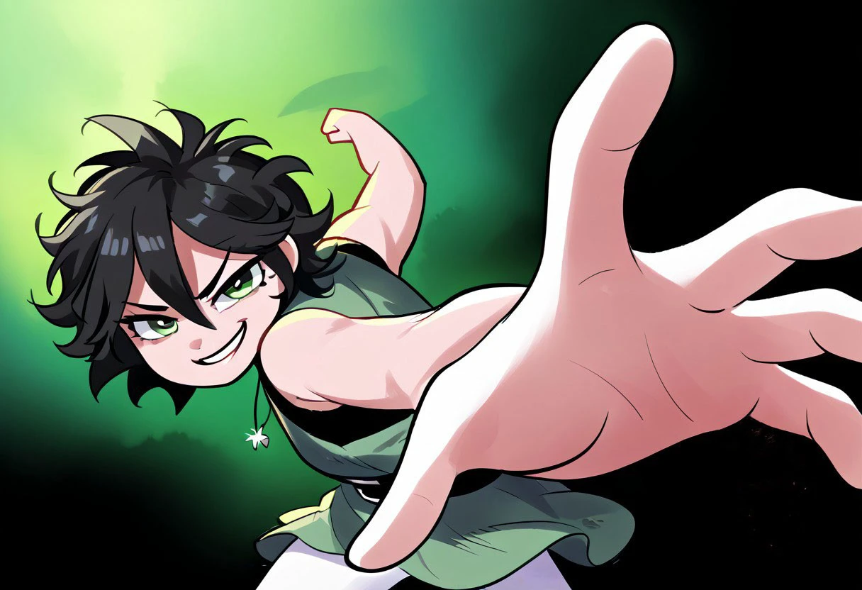 score_9, score_8_up, score_7_up, IncrsPunchMeme, incoming punch, smirk, princess 1girl, buttercup (/PPG)/,(ultra HD quality details), black hair, short hair, (green eyes), messy hair, dress, short dress, light green dress, sleeveless, thick black belt, white pantyhose,