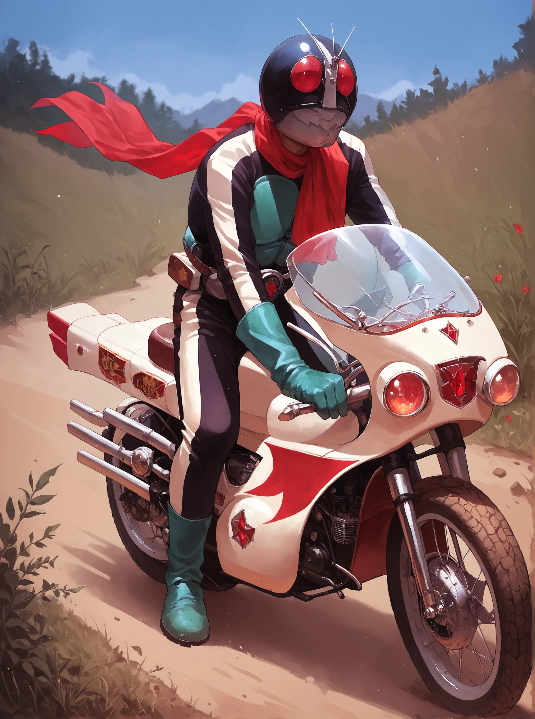 score_9, score_8_up, score_7_up, masterpiece, source_realistic,kamen rider, ground vehicle, motorcycle, 1boy, motor vehicle, male focus, solo, helmet, scarf, gloves, red eyes,  outdoor, <lora:sn0wStyle:1> <lora:HKHorrorXL:1>,  <lora:Kamen_Rider_Nigo_1971:1>