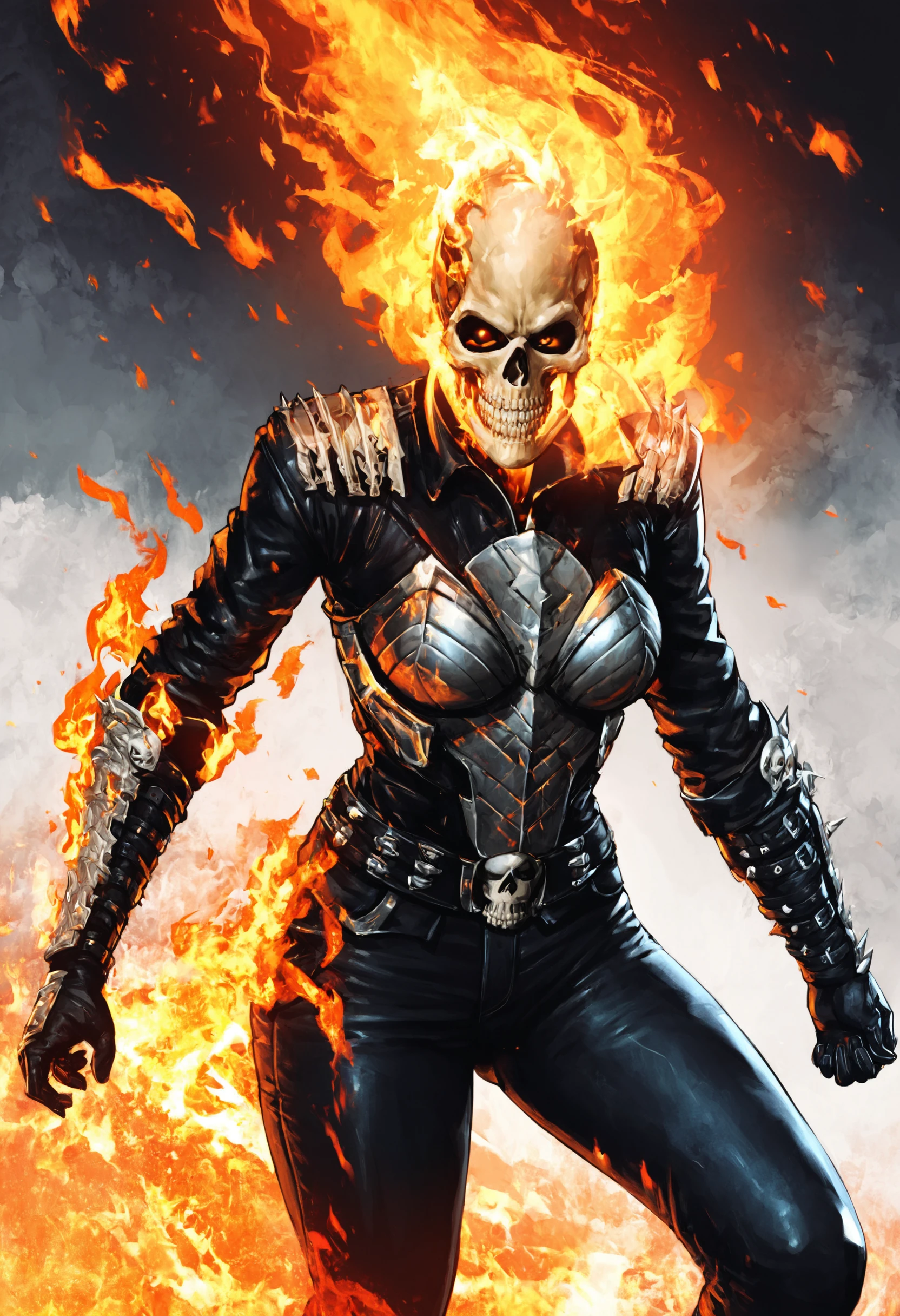 score_9, score_8_up, score_7_up, source_anime, BREAK, Ghost Rider, marvel, (skull:1.1), fire, (flaming skull:1.1), skull, burning, armor, teeth, humanoid, female, female focused, pants, leather, <lora:Ghost_Rider_Marvel:1>,  <lora:Elden-RingPonyStyle:0.8>