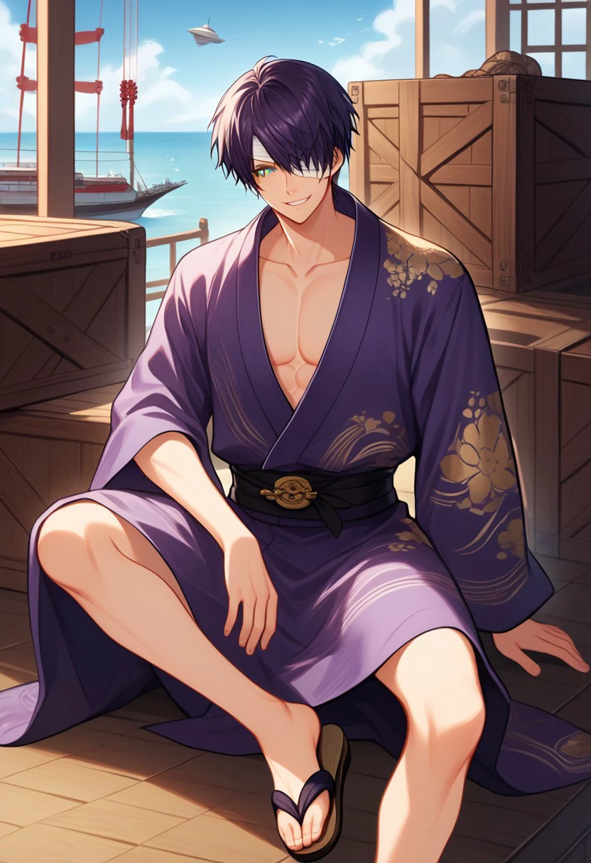 semi-realistic, highly detailed, very detailed, high detailed texture, score_9, score_8_up, score_7_up,source_anime, high res image,masterpiece,best quality,
takasugi_shinsuke, maleshort hair, dark purple hair, green eyes, bandages around forehead, bandages over left eye, collarbone, mean grin, smug, thin, athletic, short,
gold and purple yukata, black belt, showing lots of skin,  sandals, sitting, crate, (sitting on a crate) bare legs, airship, wooden ship, edo period, japan,