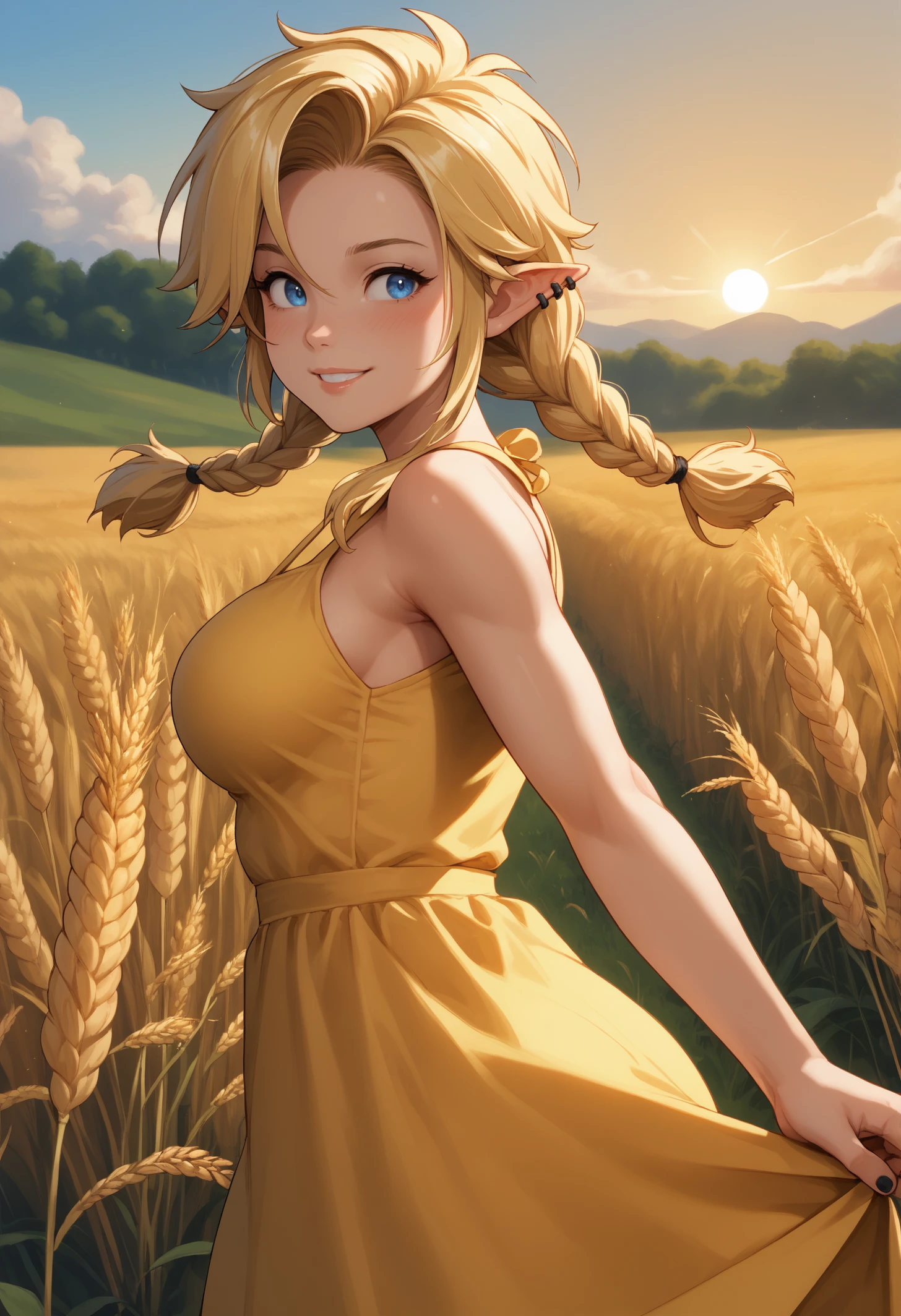 score_9, score_8_up, score_7_up, 1girl, sasro, pointy ears, blue eyes, ear piercing, blonde hair, medium hair, twin braids, large breasts, toned, black nails, 
yellow sundress,
looking at viewer, smile, blush, parted lips, looking back, back,
outdoors, wheat field, sunset,
<lora:Sassy-Ronin-PDXL_V1-Manityro-CAME:1.0>,