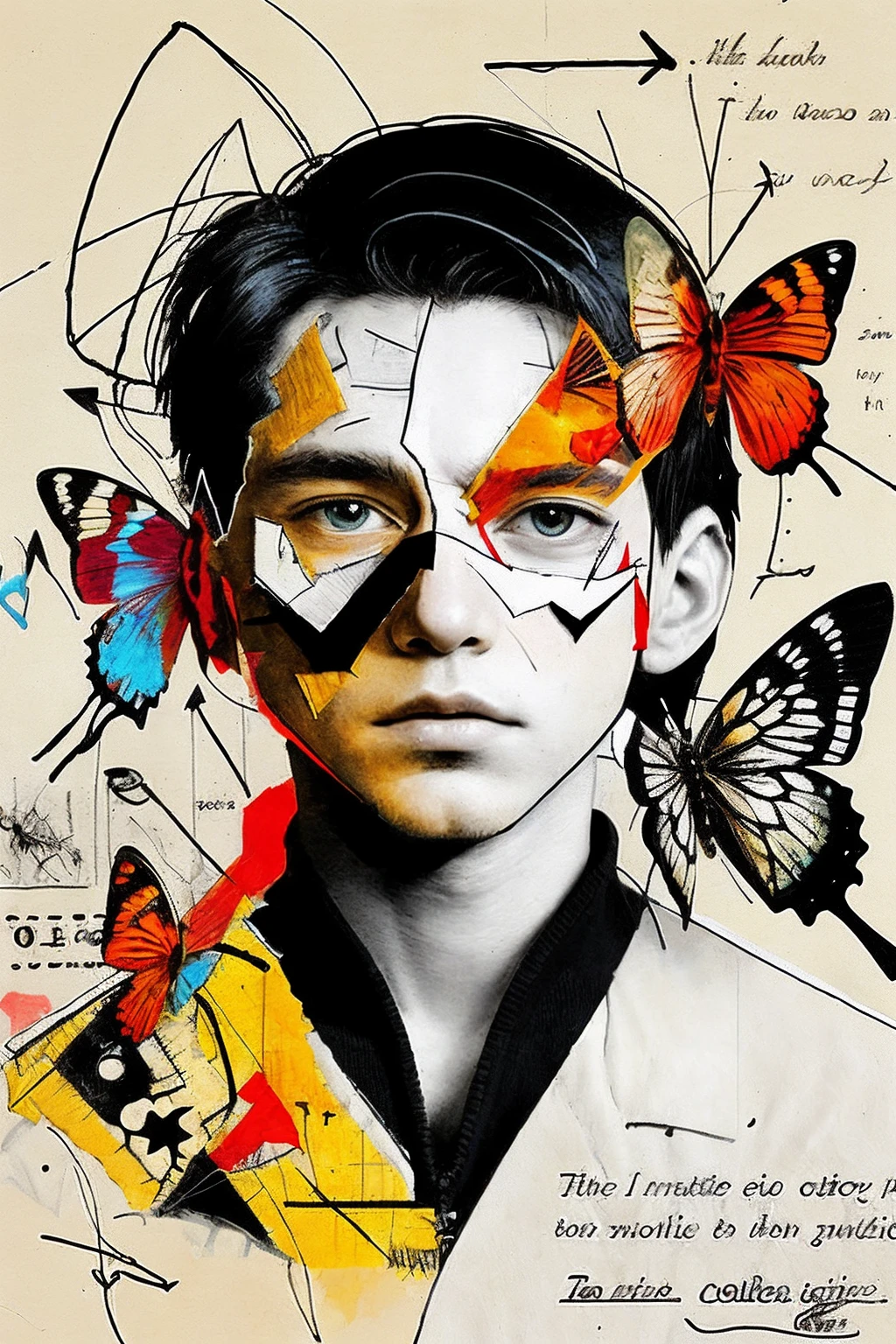 collageartv1, bug, abstract, solo, arrow \(symbol\), butterfly, 1boy, traditional media, signature,<lora:collageart_v1:0.8>,