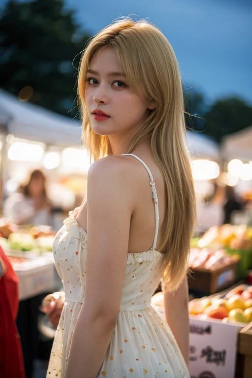 masterpiece, best quality, ultra-detailed, ultra high res, (photorealistic:1.4), raw photo, (realistic:0.2), 8k HDR, realistic lighting, looking at viewer, 1girl, solo, asymmetrical blonde hair, outdoor, sky, (traditional market:1.2), bokeh, (detailed lips), (detailed pores), (detailed skin textures), (detailed face:1.2), (body:1.2), a woman in a sundress, cowboy shot,