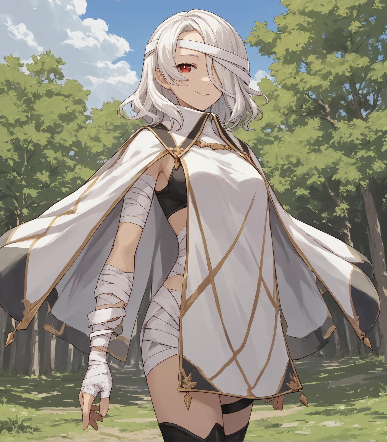 score_9, score_8_up, score_7_up, score_6_up, score_5_up, score_4_up, BREAK source_anime,
1girl, solo, cowboy shot , looking at viewer, smile, outdoors, sky, trees,
<lora:Olympia:0.9>, Olympia, white hair, medium hair, hair over one eye, red eyes, medium breasts, white cloak, bandages, black sarashi, black thighhigh boots, thighhigh boots, toeless legwear, apathetic, emotionless,