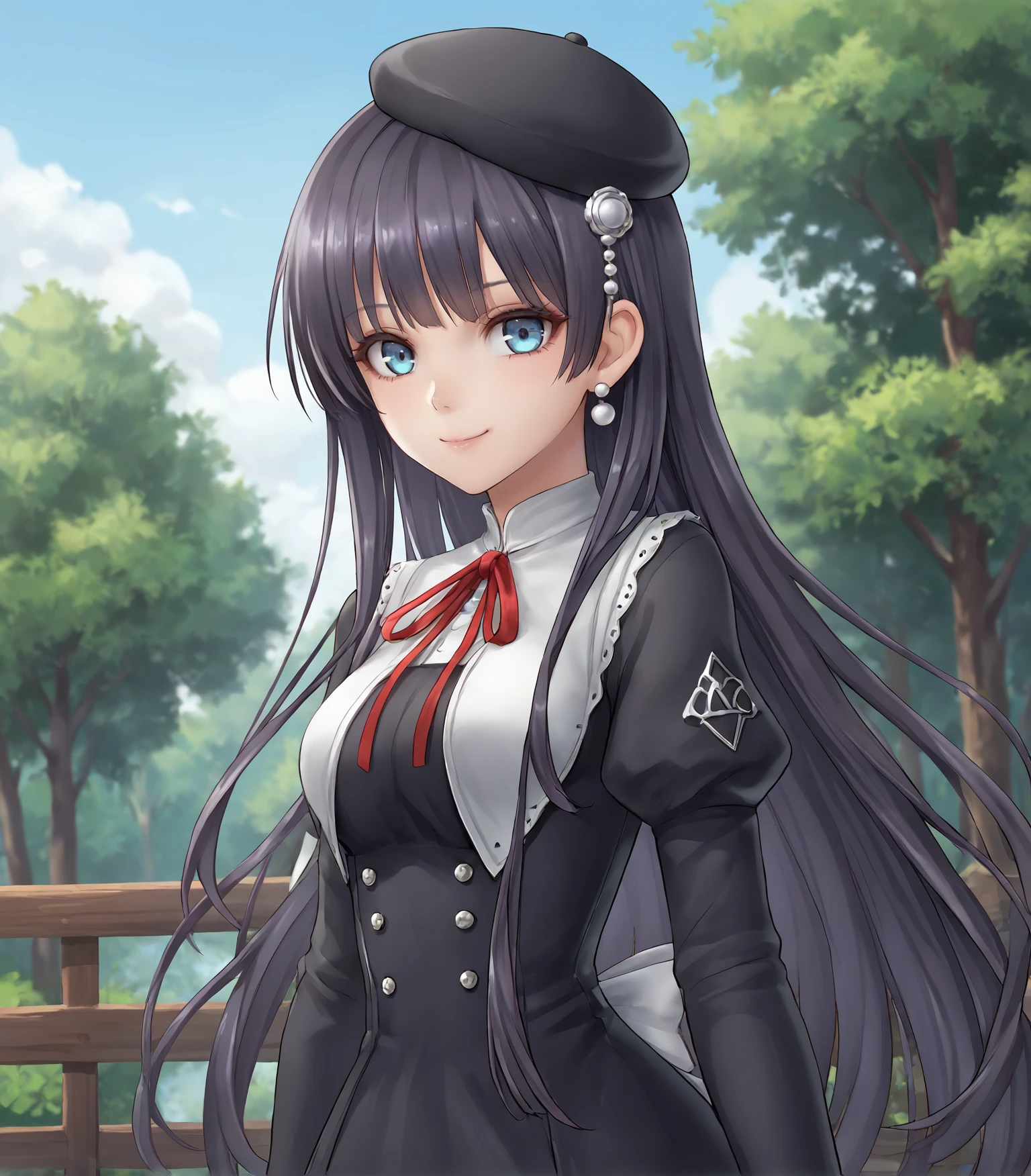 score_9, score_8_up, score_7_up, score_6_up, score_5_up, score_4_up, BREAK source_anime,
1girl, solo,  upper body, portrait  looking at viewer, smile, outdoors, sky, trees, 
<lora:Racoonkun_Artist_Style:0.6>, racoonsan,,  
 <lora:EliseSchwarzerStAstraia:0.9>, Elise Schwarzer, blue eyes, long hair, black hair,  medium breasts, hair ornament, jewelry, pearl earrings, hat, black dress, red ribbon, black pantyhose, black shoes,