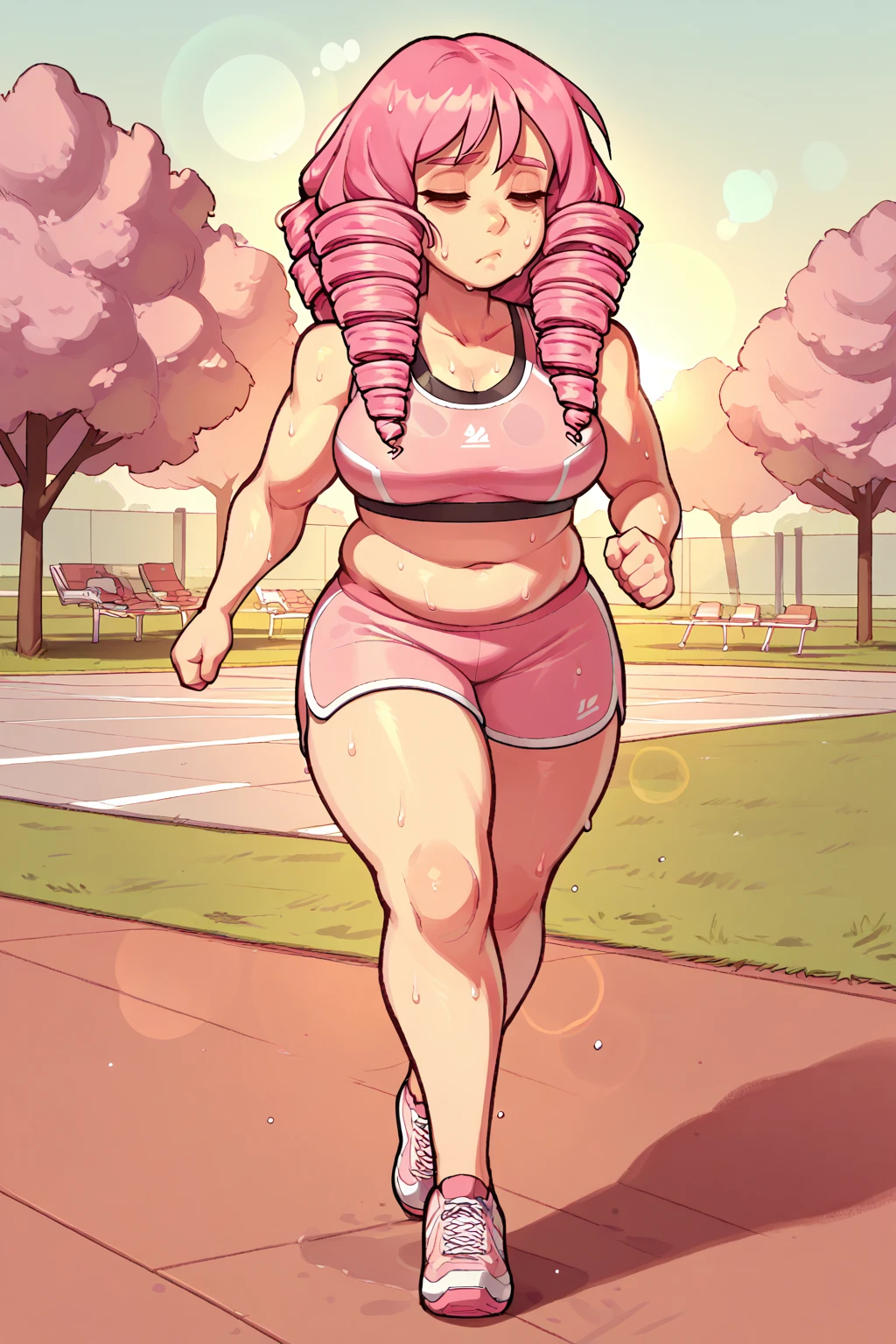 score_9, score_8_up, 1girl, solo, <lora:NSMishaKatawa:1> NSMishaMisc, pink hair, long hair, drill hair, navel, sweaty, jogging, sports bra, sports shorts, sneakers, tired, park, sunny, lens flare, chubby