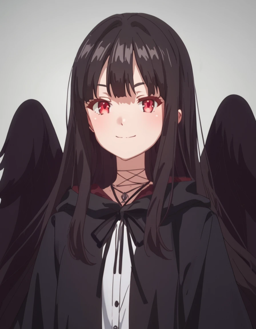 score_9, score_8_up, score_7_up, score_6_up, score_5_up, score_4_up, source_anime,  Eve, black hair, red eyes, very long hair, black wings, , soft smile, portrait