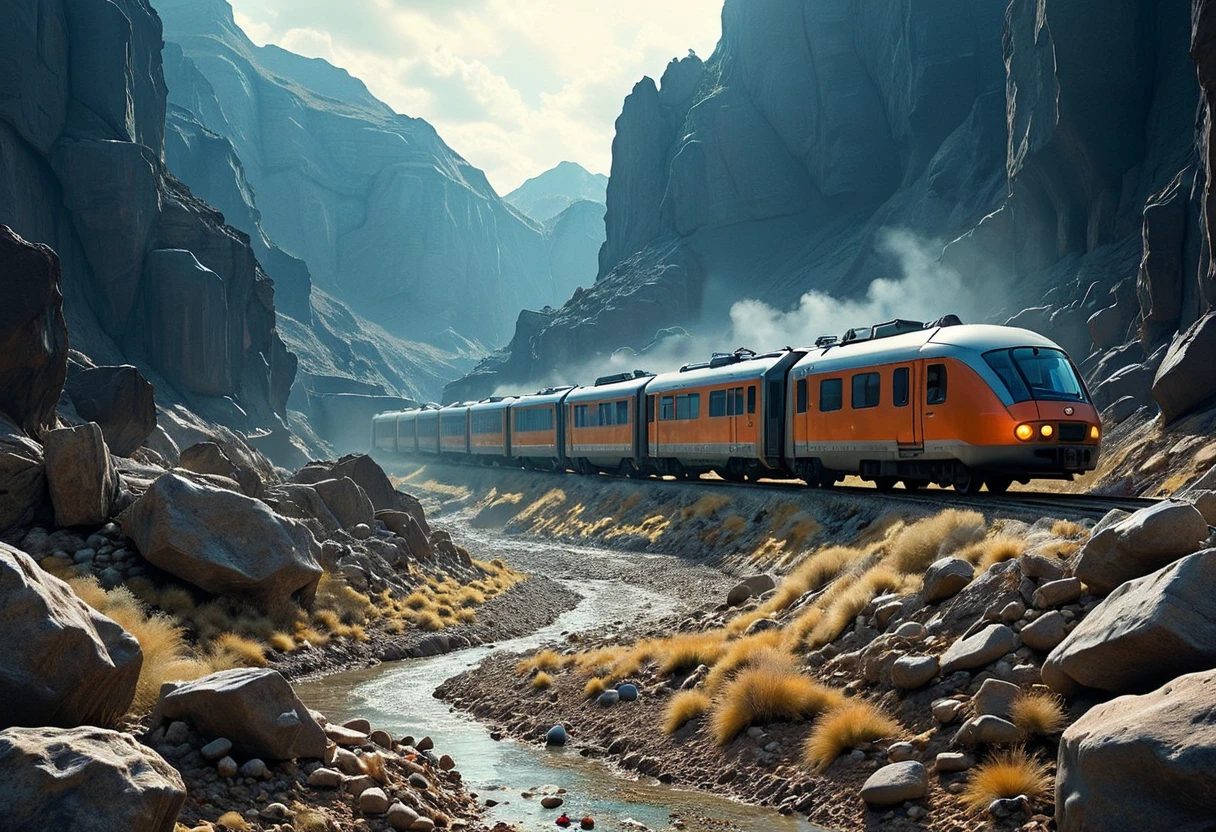 <lora:Flux-XL_Scenery:1>,flux-scenery train, travelling through landscape, valley, photograph, sci-fi, science fiction, rocky terrain, scenic, otherworldly